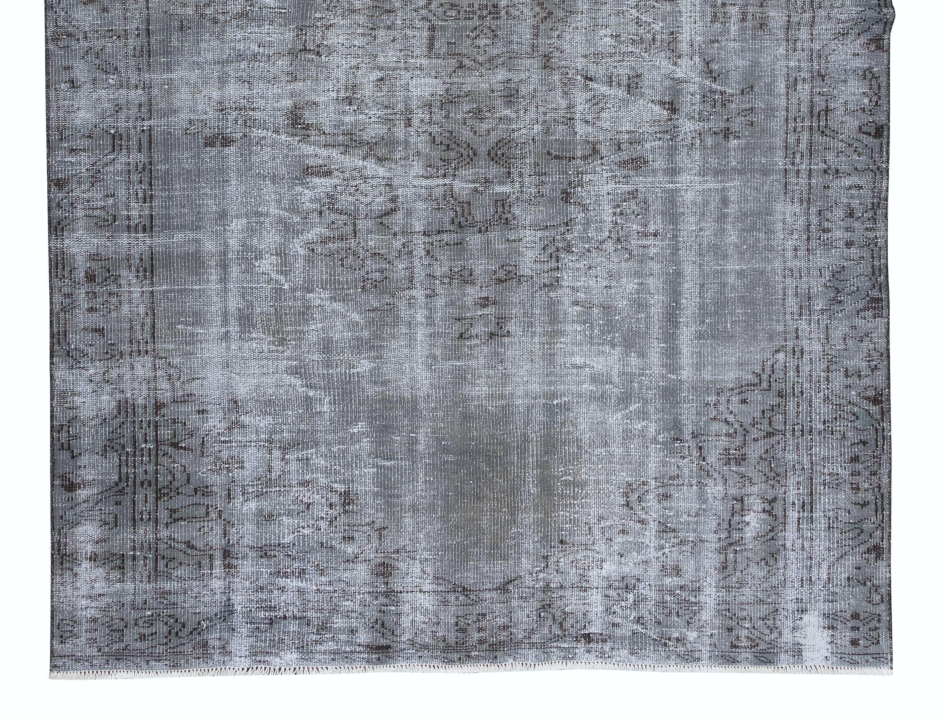 Hand-Knotted Vintage Rug Re-Dyed in Gray for Modern Interiors, Handmade in Turkey For Sale
