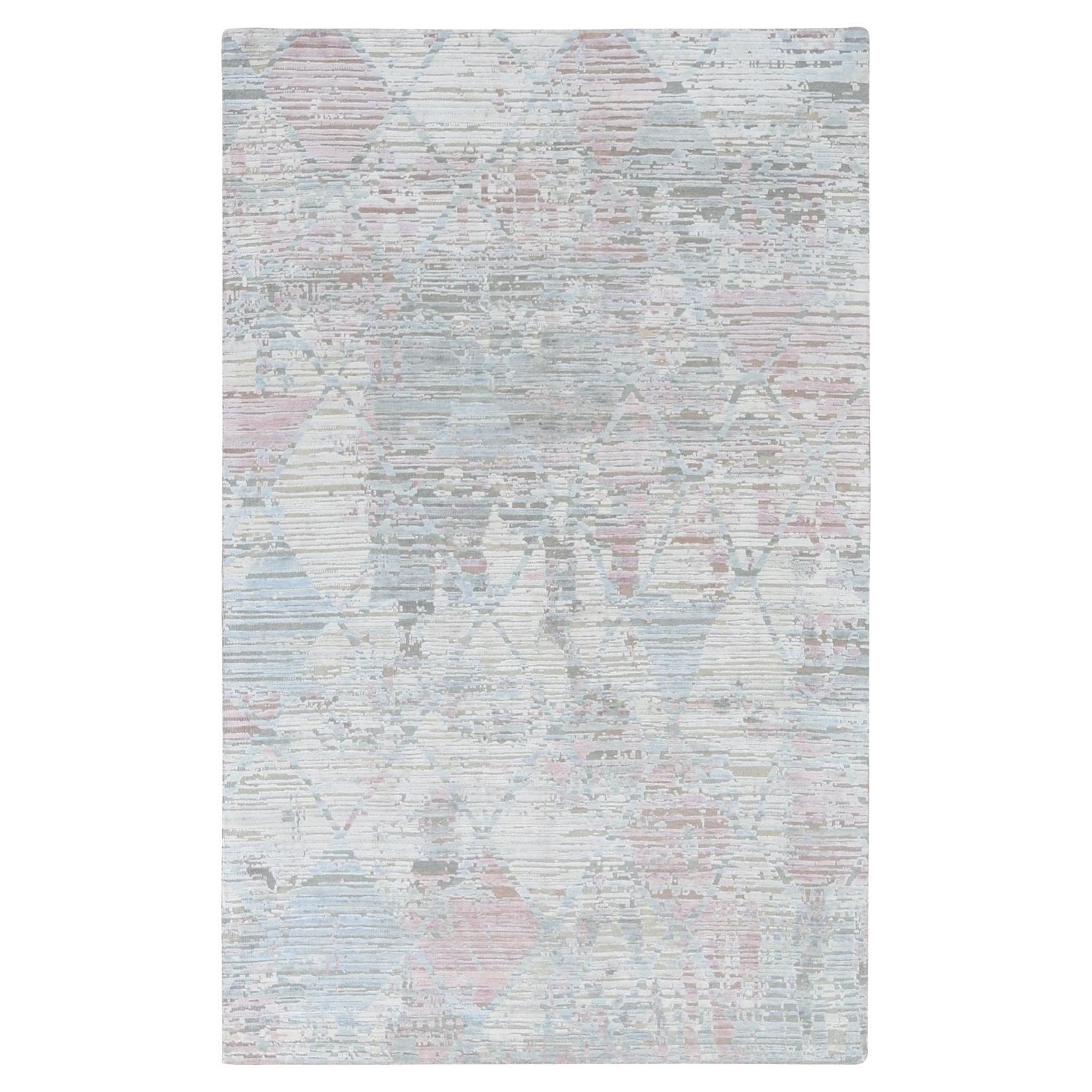 5'9 "x9'3" Bianco Perla, THE PASTEL COLLECTION, Seta con lana, Tappeto annodato a mano
