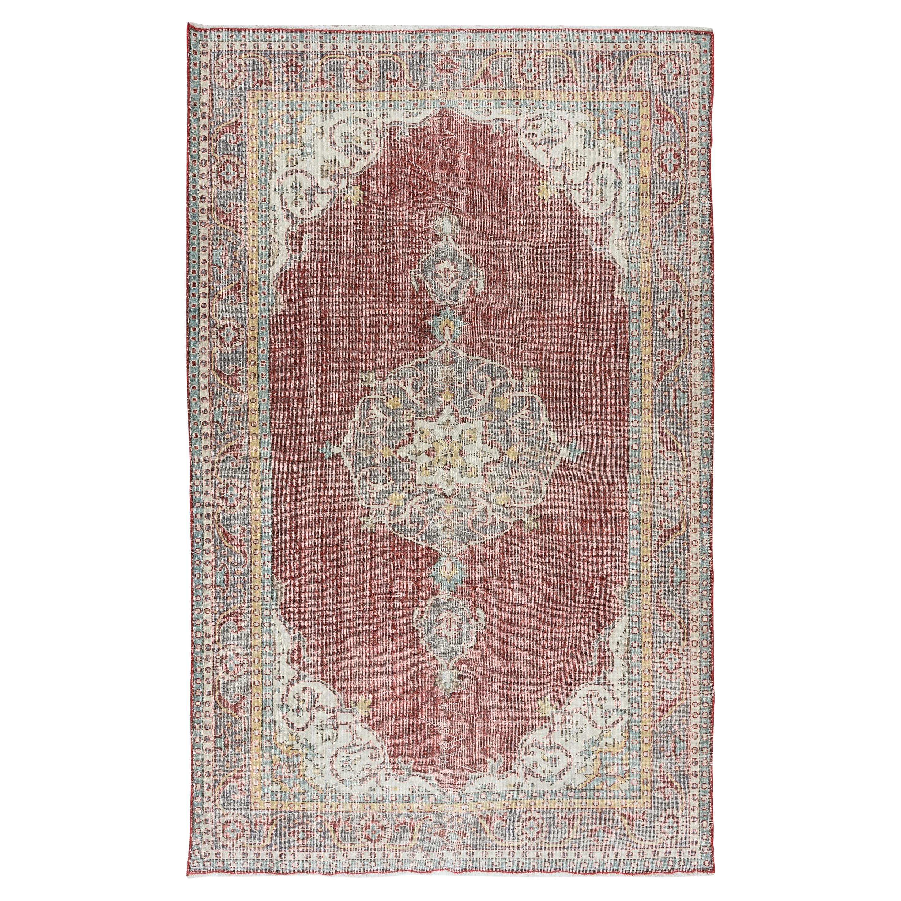 Hand Knotted Vintage Turkish Wool Area Rug, Medallion Design Carpet