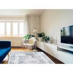 Tapis en laine pure noué à la main, motif médaillon vintage bleu, usé, 5'9" x 9'7"