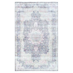Tapis en laine pure noué à la main, motif médaillon vintage bleu, usé, 5'9" x 9'7"
