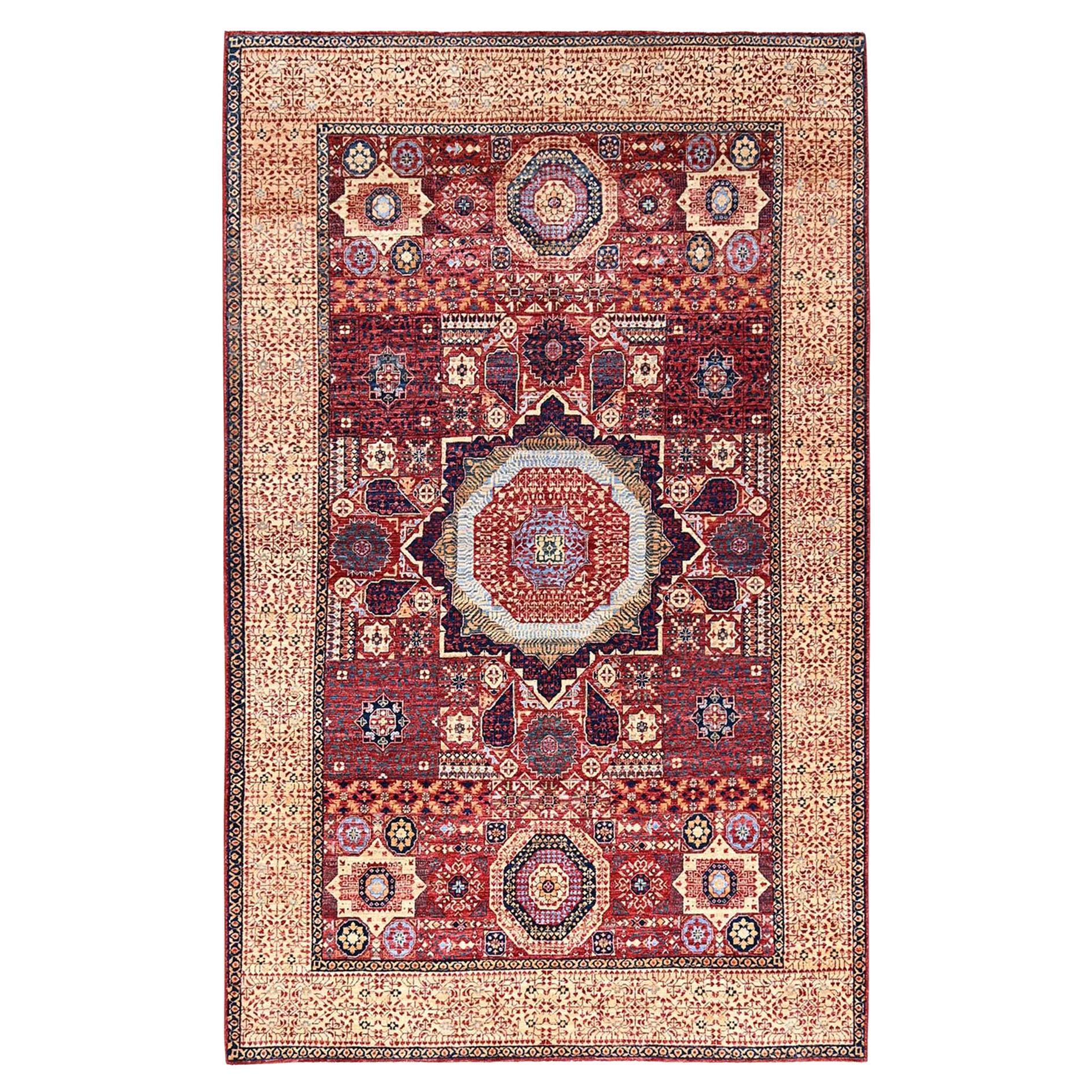5'9"x9'7" Vermilion Red, Hand Knotted, Mamluk Design, 200 KPSI Natural Wool Rug