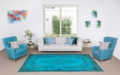 6x9.8 Ft Vintage Handmade Turkish Rug Over-Dyed in Teal Blue 4 Modern Interiors