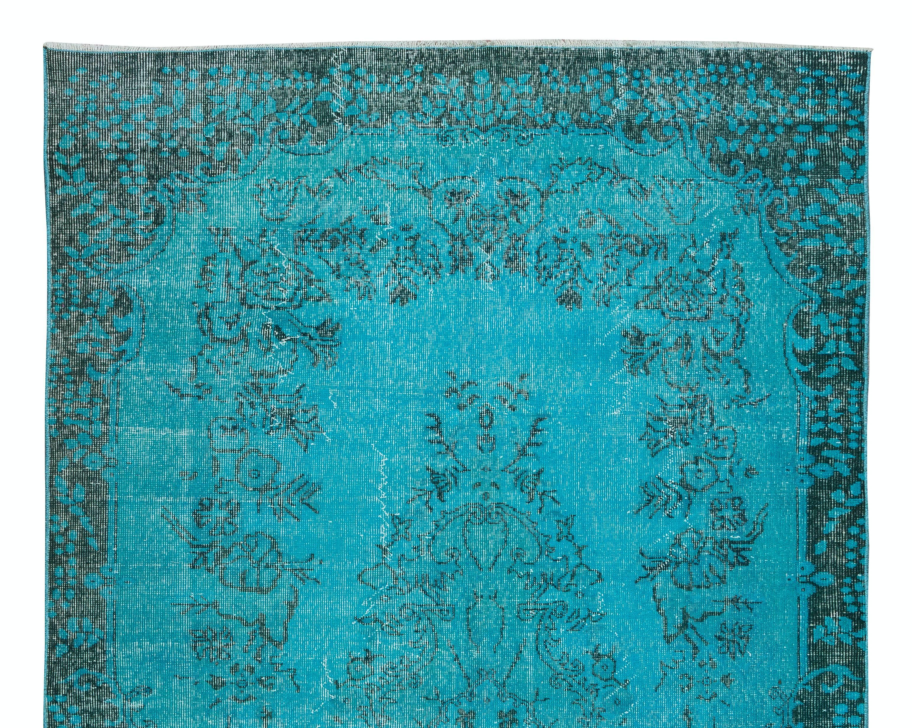 Hand-Woven 6x9.8 Ft Vintage Handmade Turkish Rug Over-Dyed in Teal Blue 4 Modern Interiors For Sale