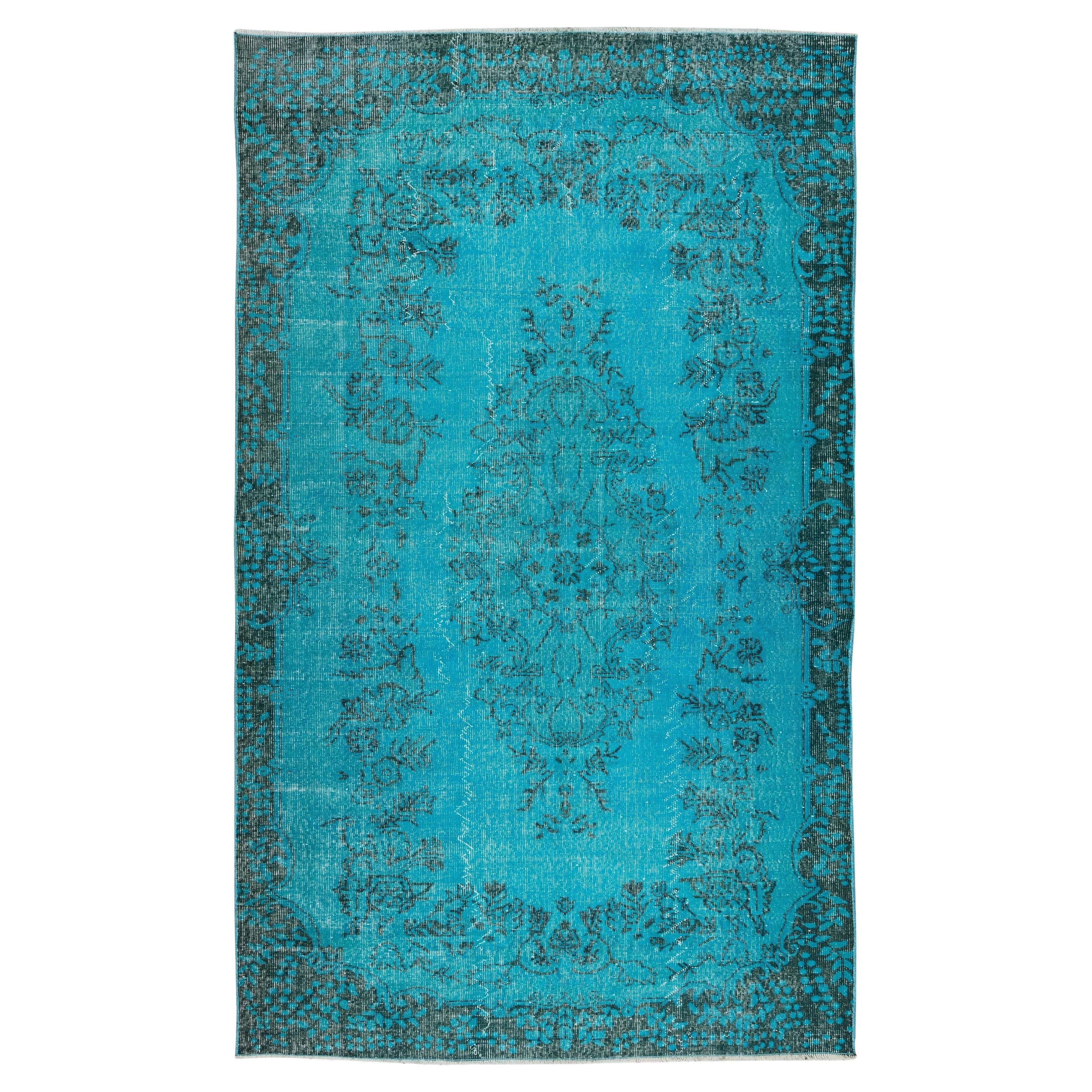 6x9.8 Ft Vintage Handmade Turkish Rug Over-Dyed in Teal Blue 4 Modern Interiors
