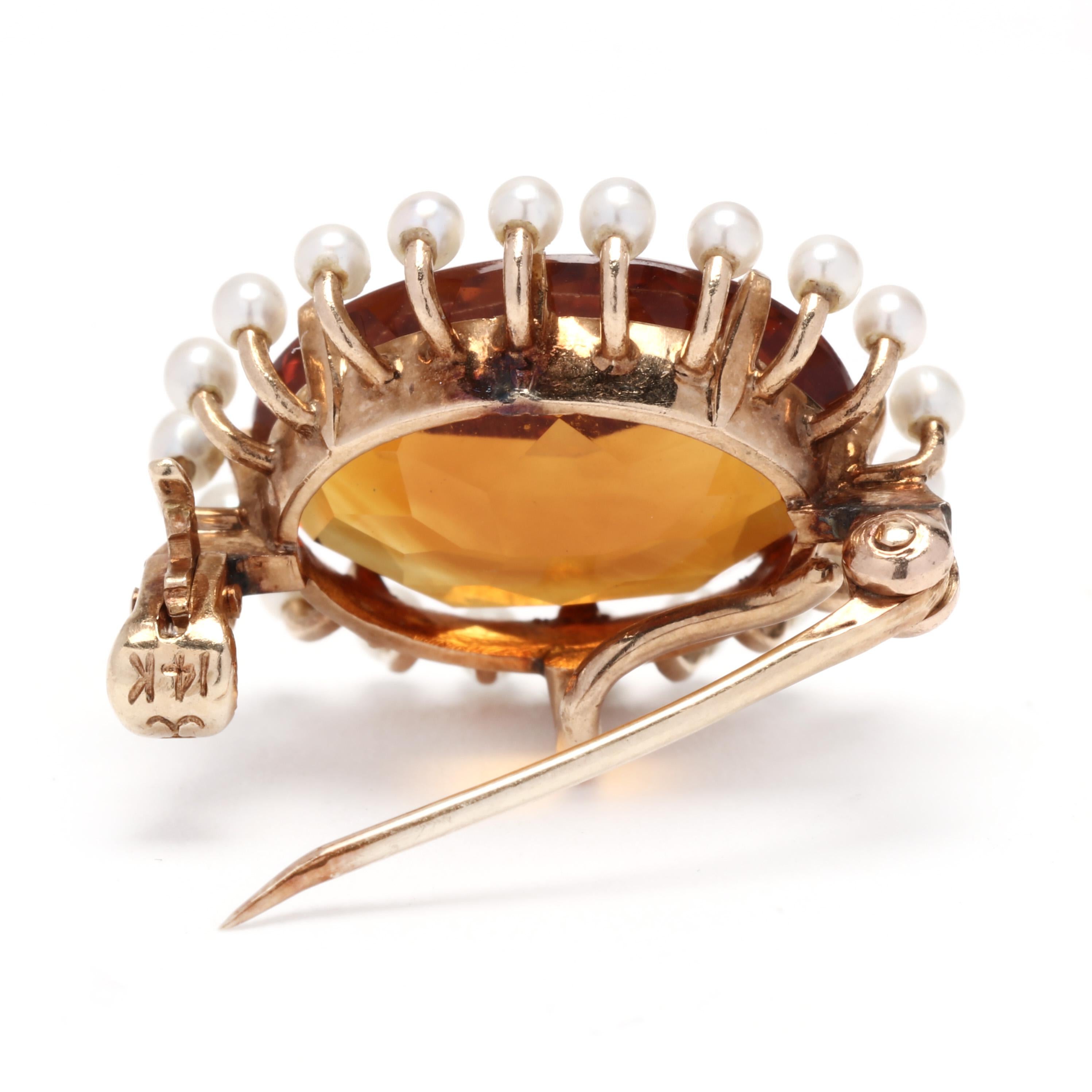 Oval Cut 5ct Antique Krementz Madeira Citrine Seed Pearl Oval Brooch, 14K Yellow Gold