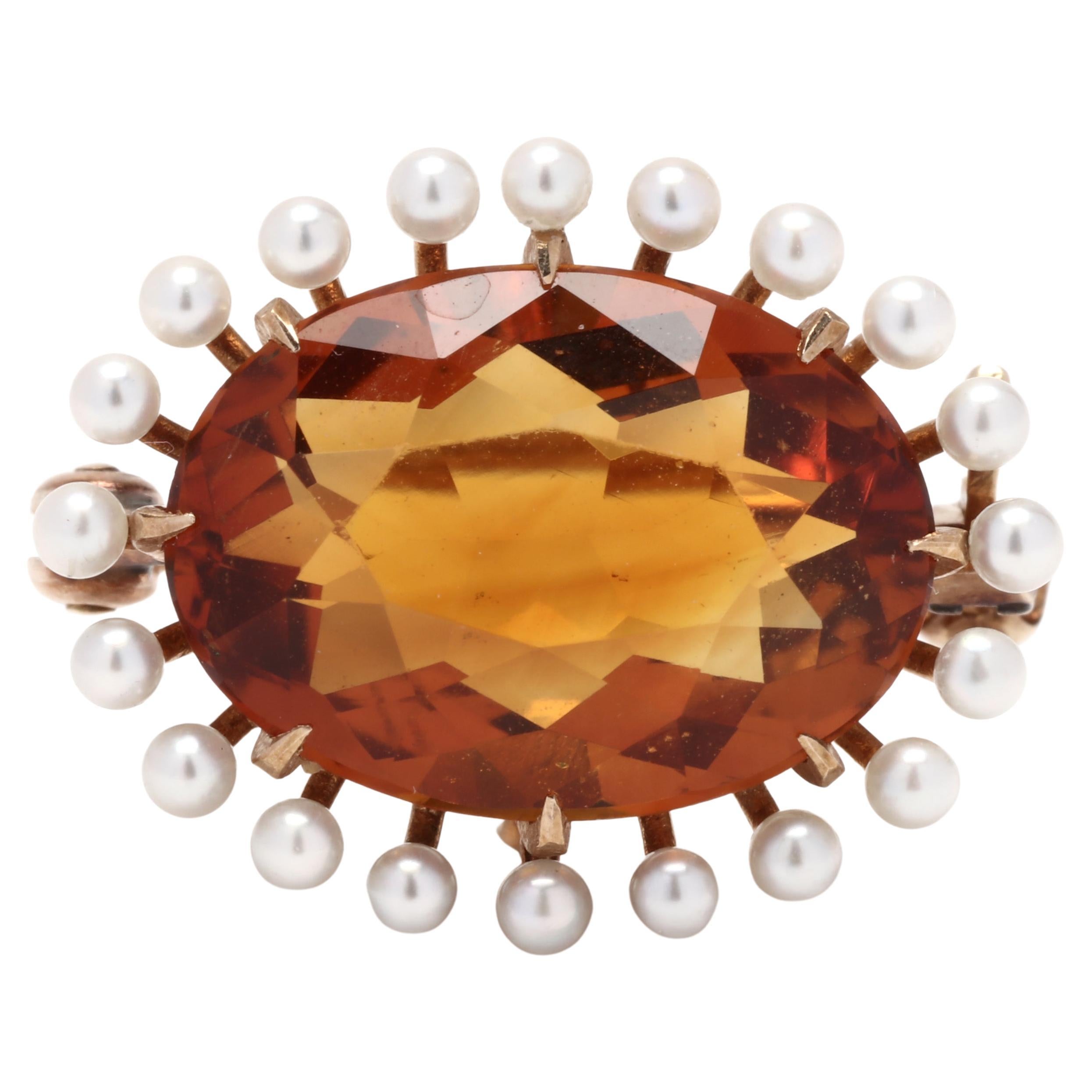 5ct Antique Krementz Madeira Citrine Seed Pearl Oval Brooch, 14K Yellow Gold