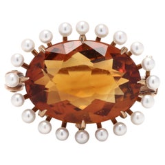 5ct Antique Krementz Madeira Citrine Seed Pearl Oval Brooch, 14K Yellow Gold