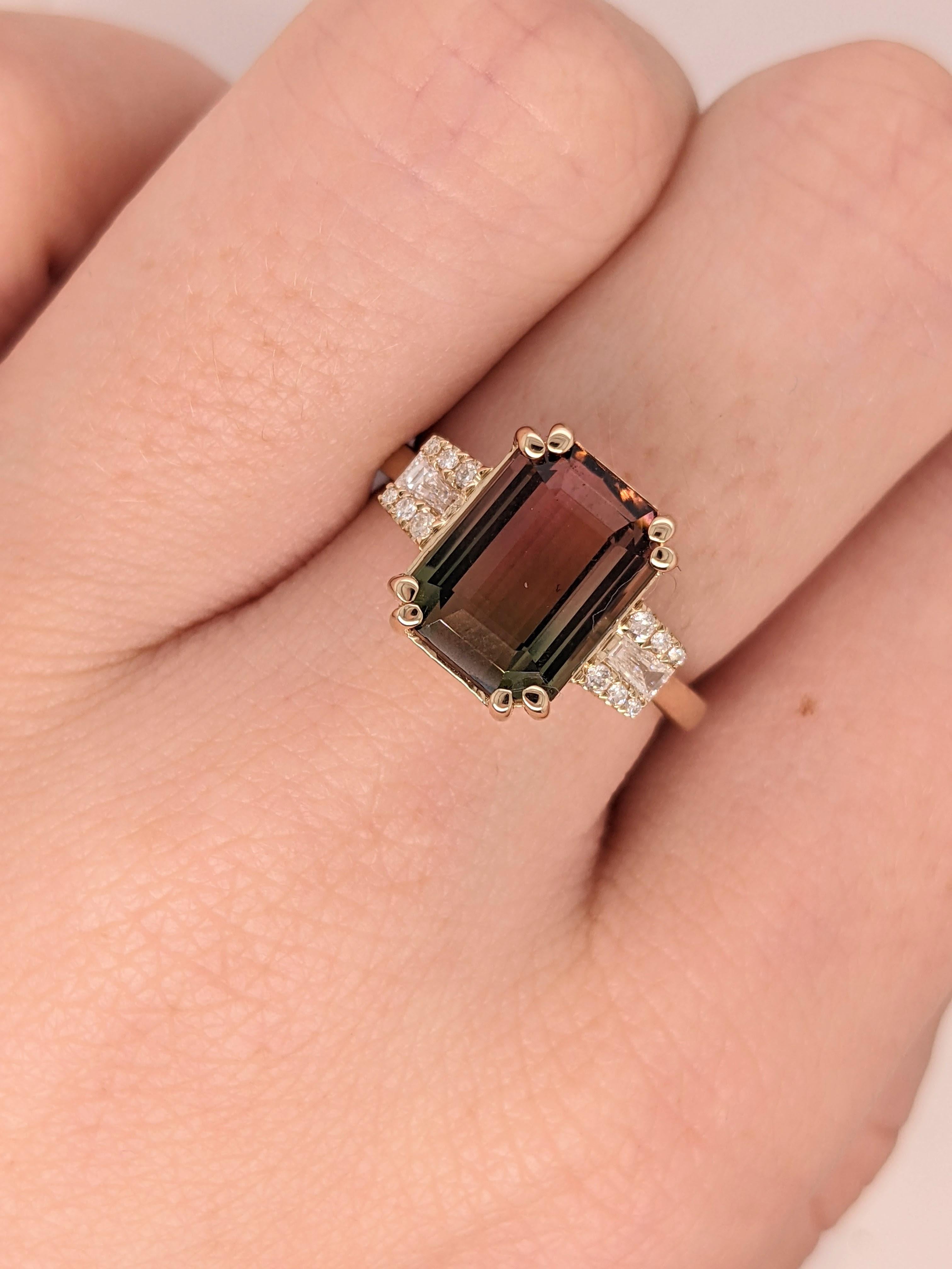 This statement ring features a pink and green emerald cut Tourmaline with natural earth mined diamonds set in solid 14K gold. This bicolor Tourmaline ring makes a beautiful October birthstone gift for your loved ones!

**We offer complimentary