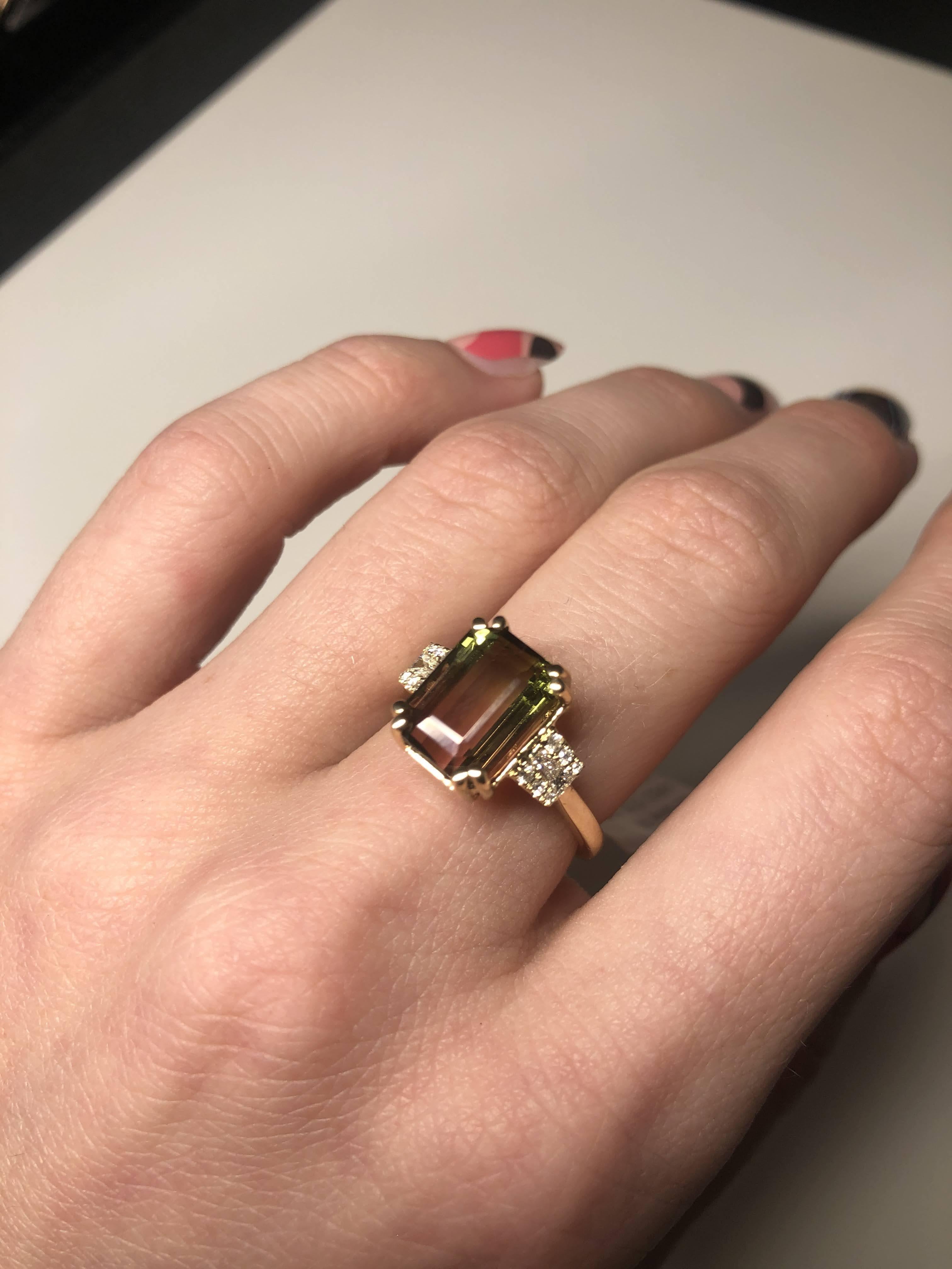 Modern 5ct Bicolor Tourmaline Ring w Earth Mined Diamonds in Solid 14K Gold  EM 10x8mm For Sale