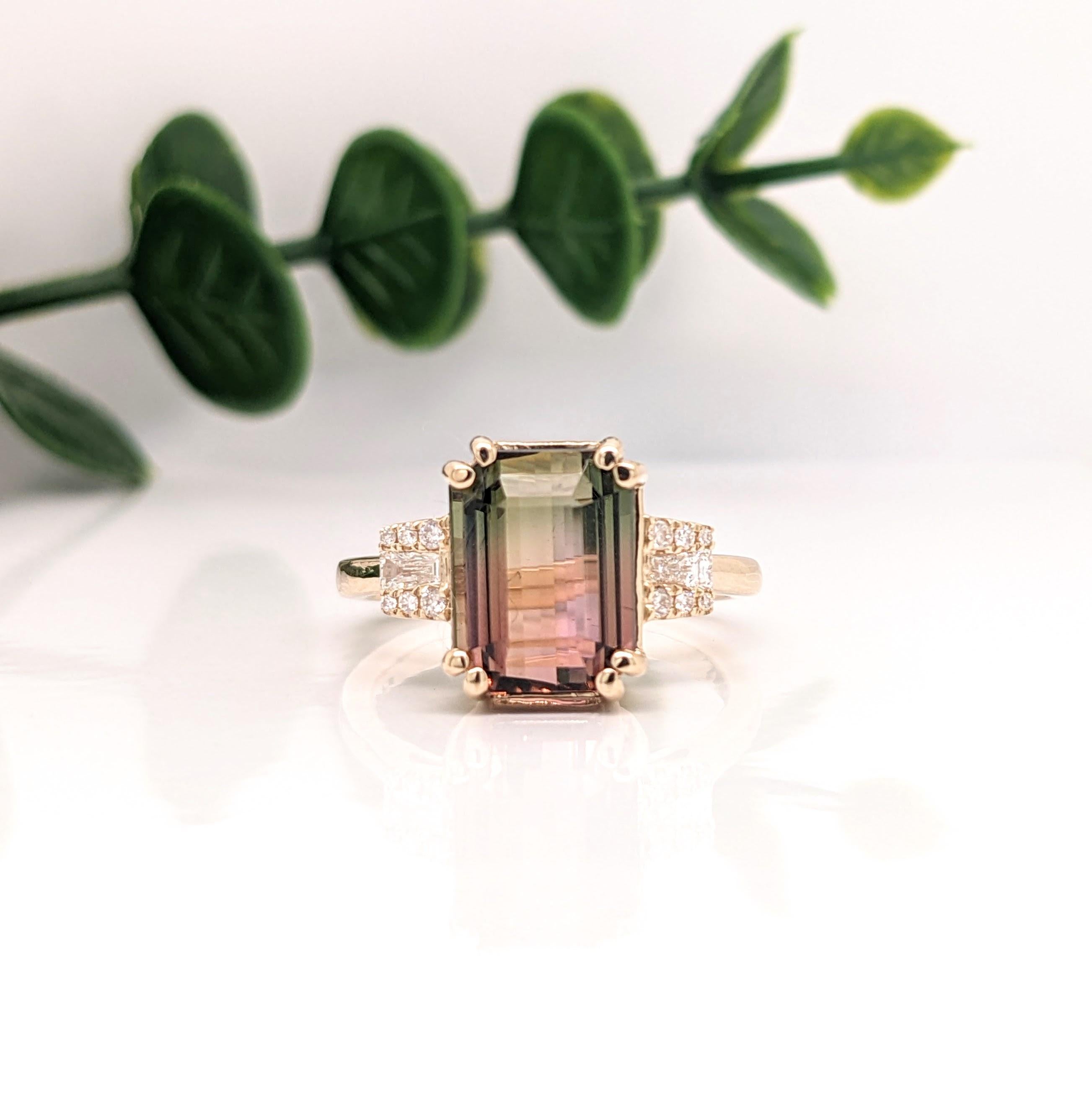 Emerald Cut 5ct Bicolor Tourmaline Ring w Earth Mined Diamonds in Solid 14K Gold  EM 10x8mm For Sale