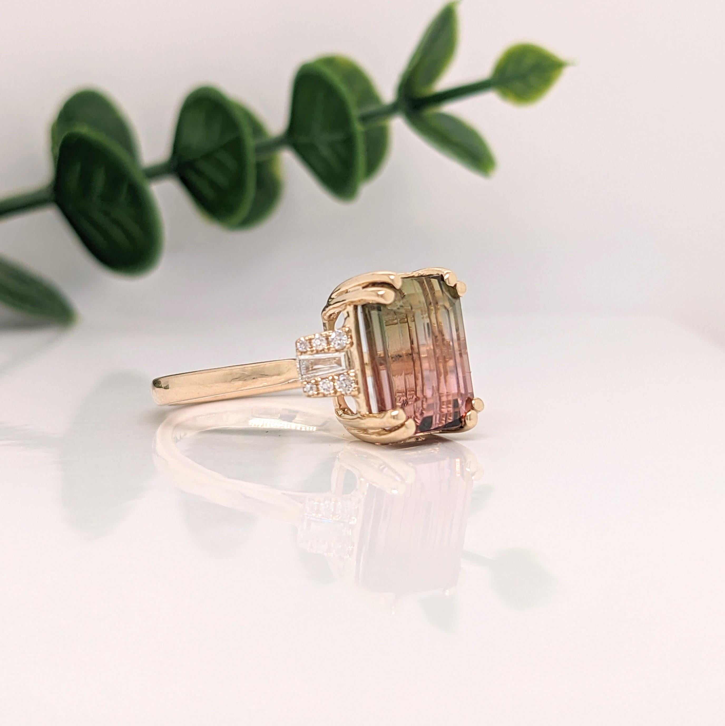 5ct Bicolor Tourmaline Ring w Earth Mined Diamonds in Solid 14K Gold  EM 10x8mm In New Condition For Sale In Columbus, OH