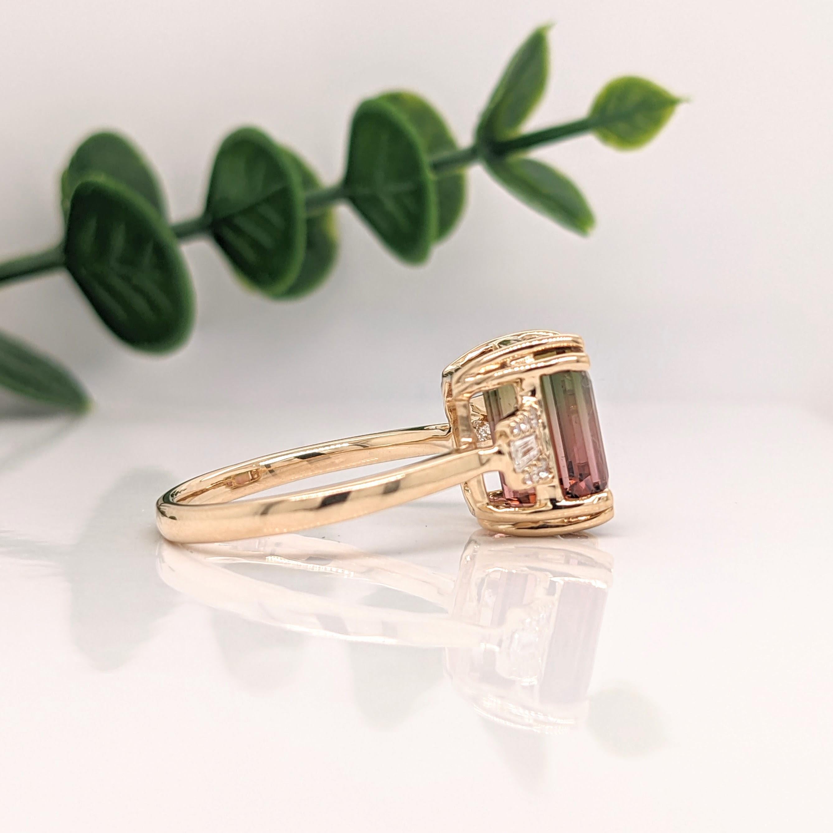 Women's 5ct Bicolor Tourmaline Ring w Earth Mined Diamonds in Solid 14K Gold  EM 10x8mm For Sale