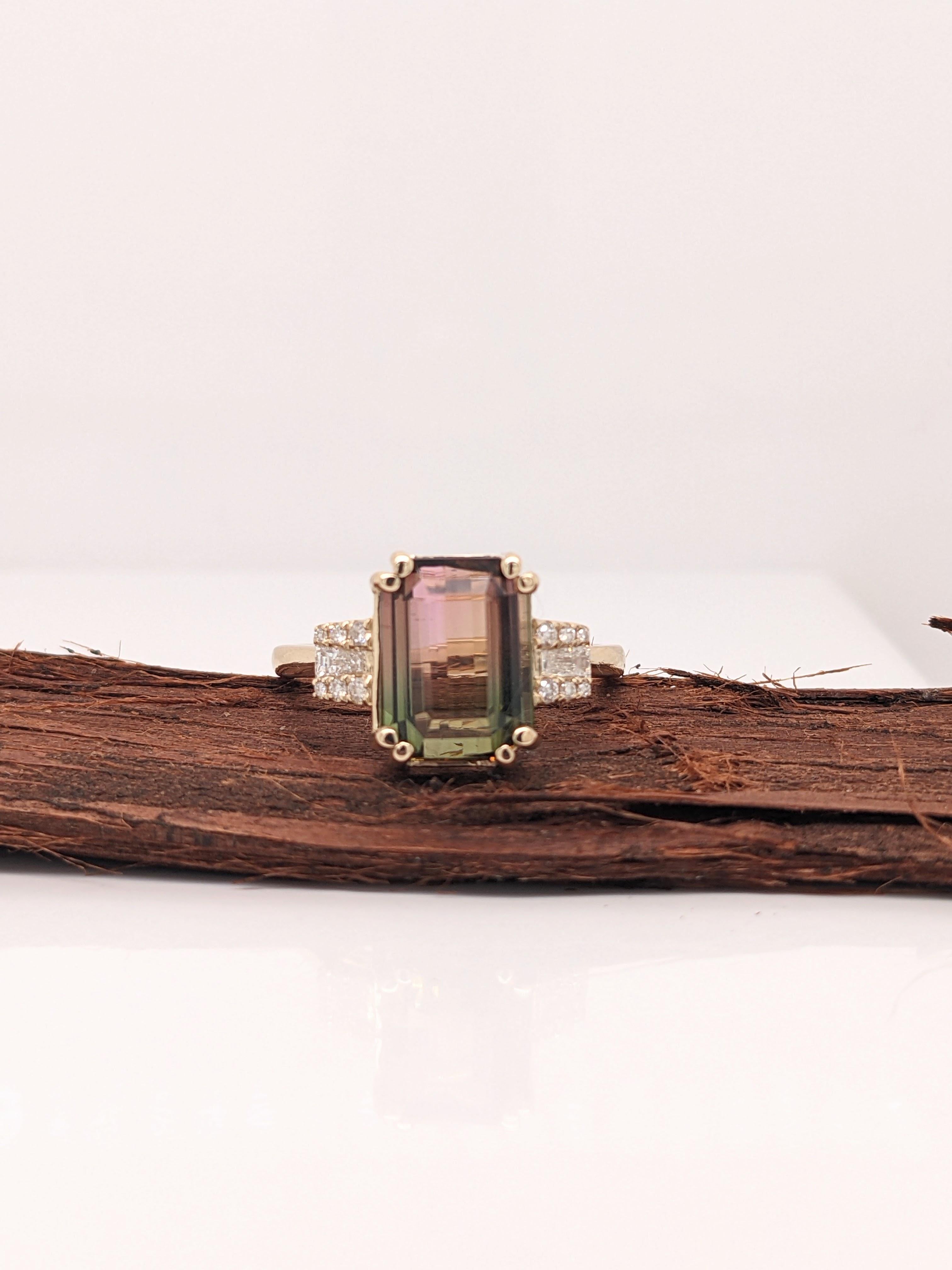 5ct Bicolor Tourmaline Ring w Earth Mined Diamonds in Solid 14K Gold  EM 10x8mm For Sale 2