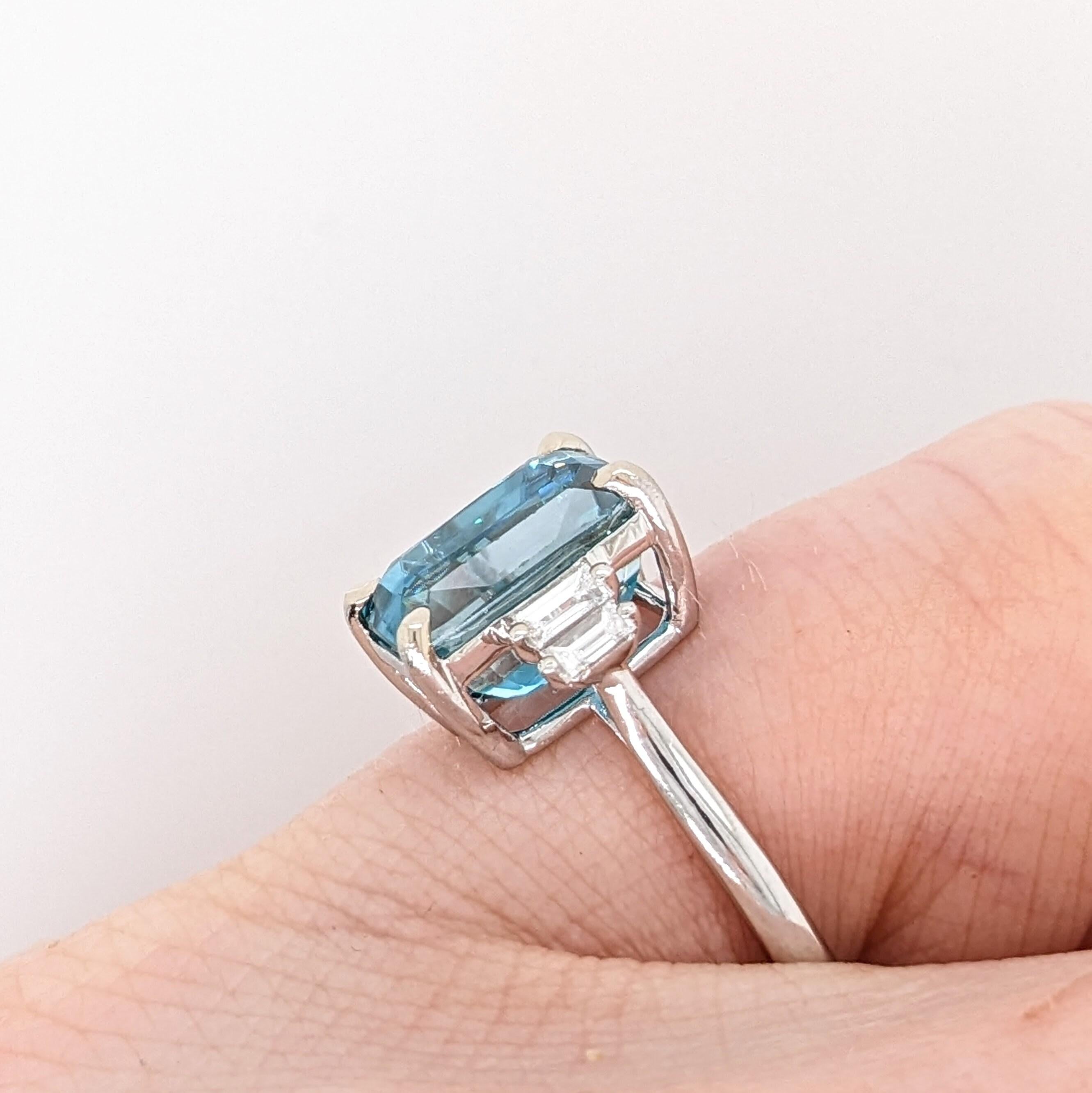 Modern 5ct Blue Zircon Ring w Natural Diamond Accents in Solid 14K White Gold EM 10x6mm For Sale