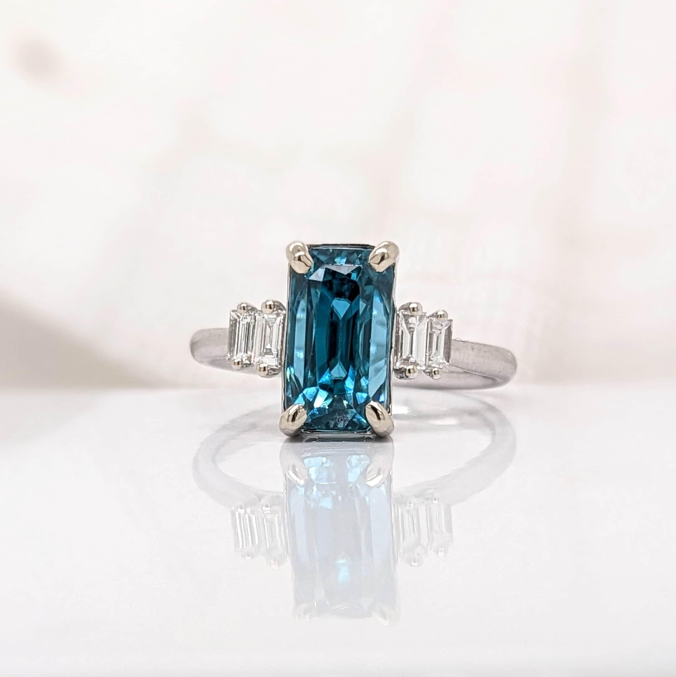 Emerald Cut 5ct Blue Zircon Ring w Natural Diamond Accents in Solid 14K White Gold EM 10x6mm For Sale