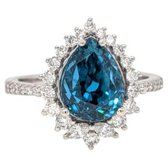 5 Karat Blauer Zirkon-Ring mit natürlichen Diamanten aus massivem 14K Weißgold Birnenring 10x8 mm