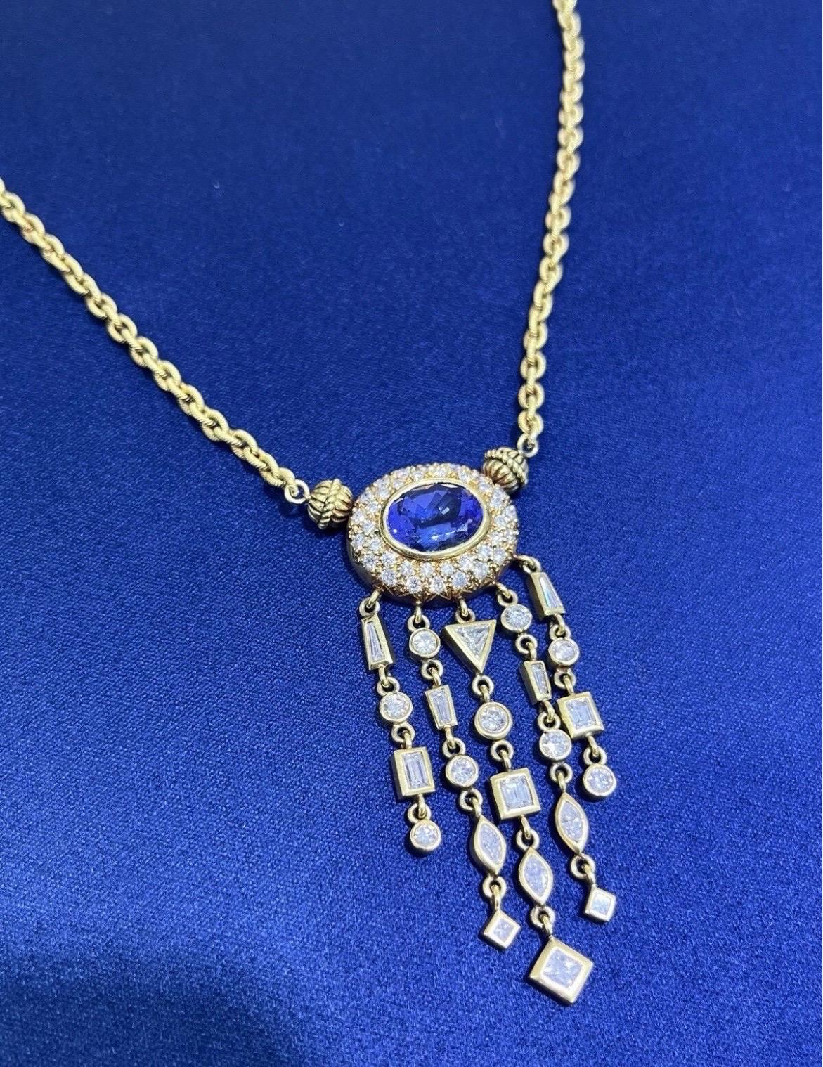 Collana a catena in oro giallo 18 carati con diamante e tanzanite ovale Nature da 5 carati in vendita 5