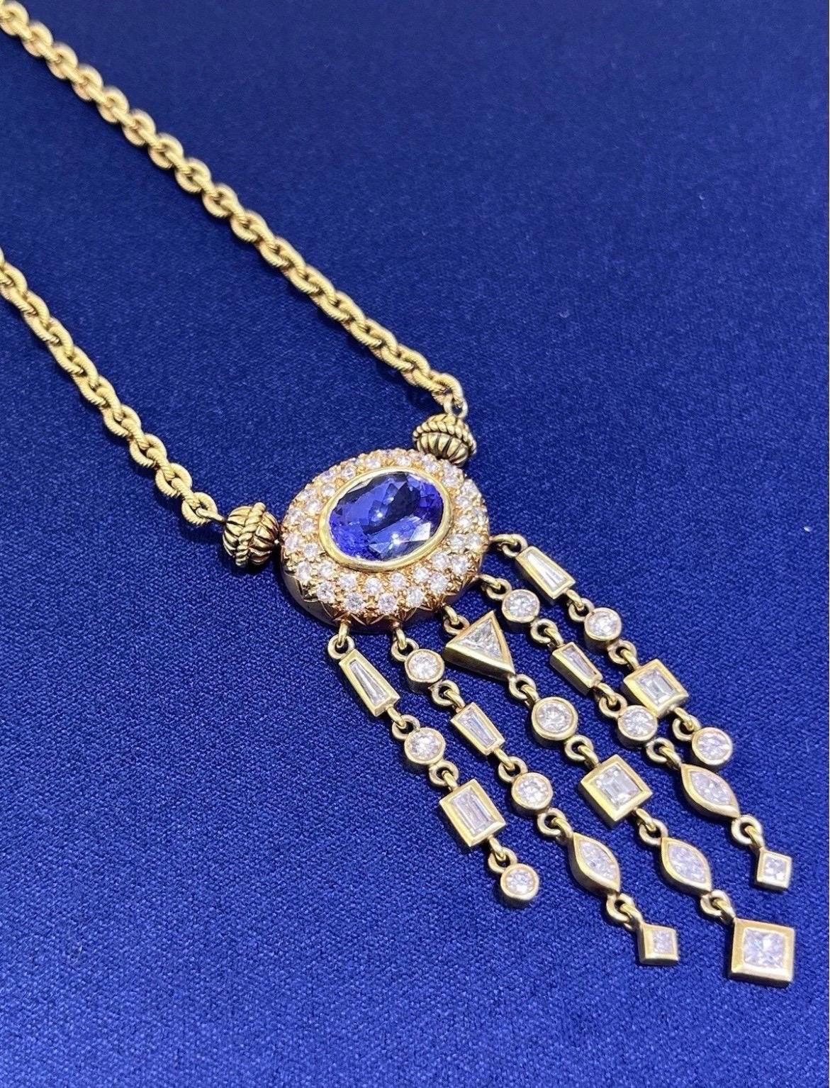 Collana a catena in oro giallo 18 carati con diamante e tanzanite ovale Nature da 5 carati in vendita 6