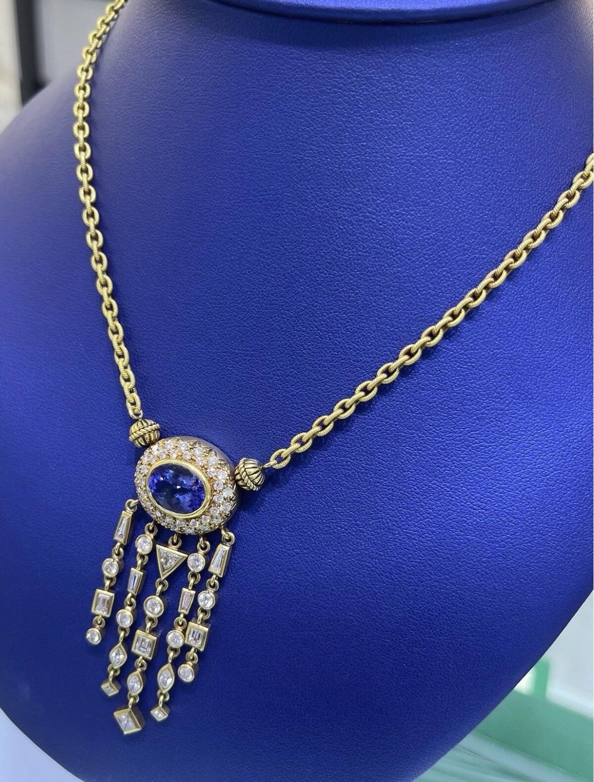 Collana a catena in oro giallo 18 carati con diamante e tanzanite ovale Nature da 5 carati in vendita 2