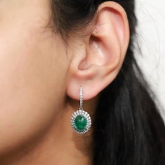 5.5ct Natural Oval-Cut Emerald & Diamond Double Halo Dangle Earrings in 18K Gold