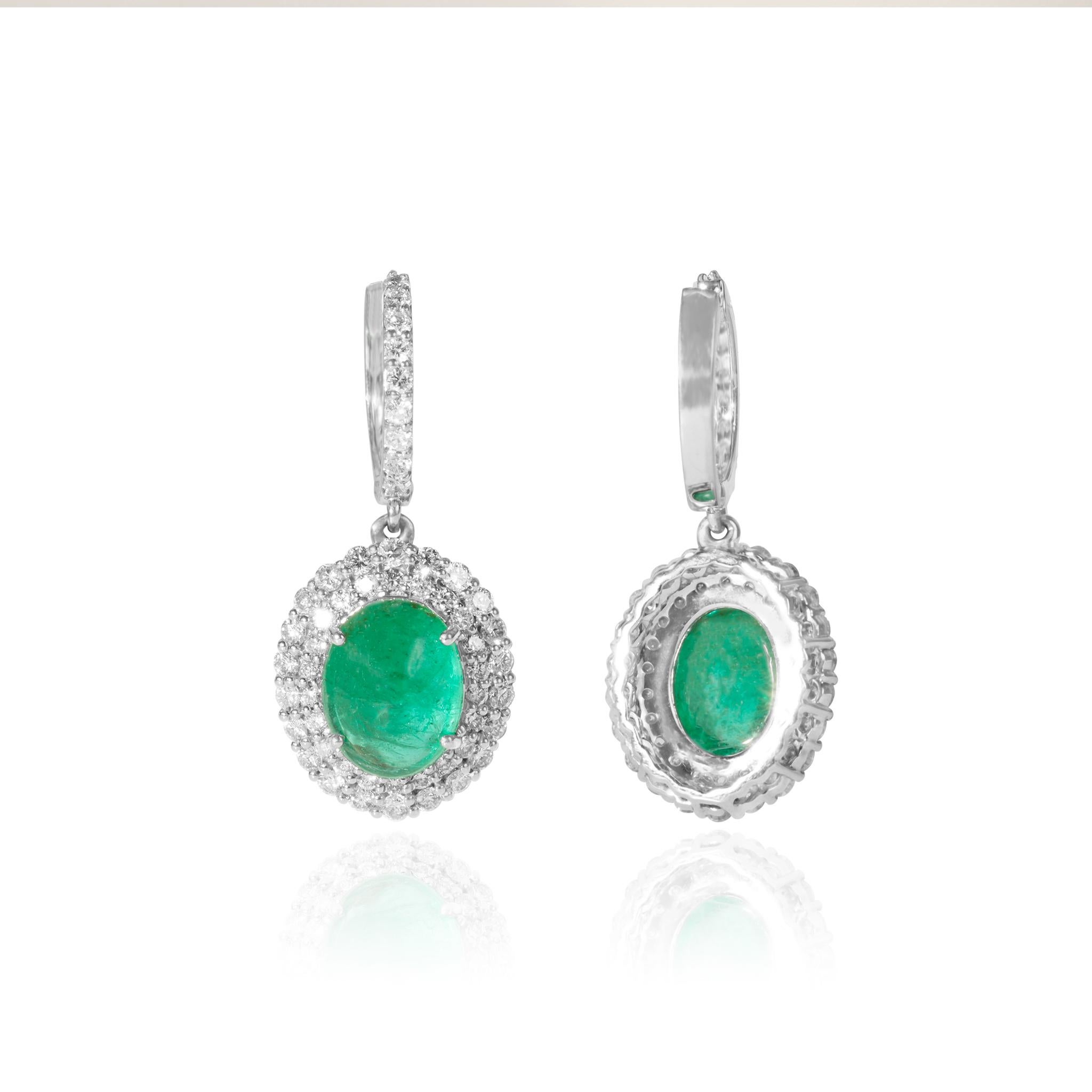Art Deco 5ct Exceptional Natural Oval Emerald Dangle Earrings Halo Diamond in 18k gold For Sale
