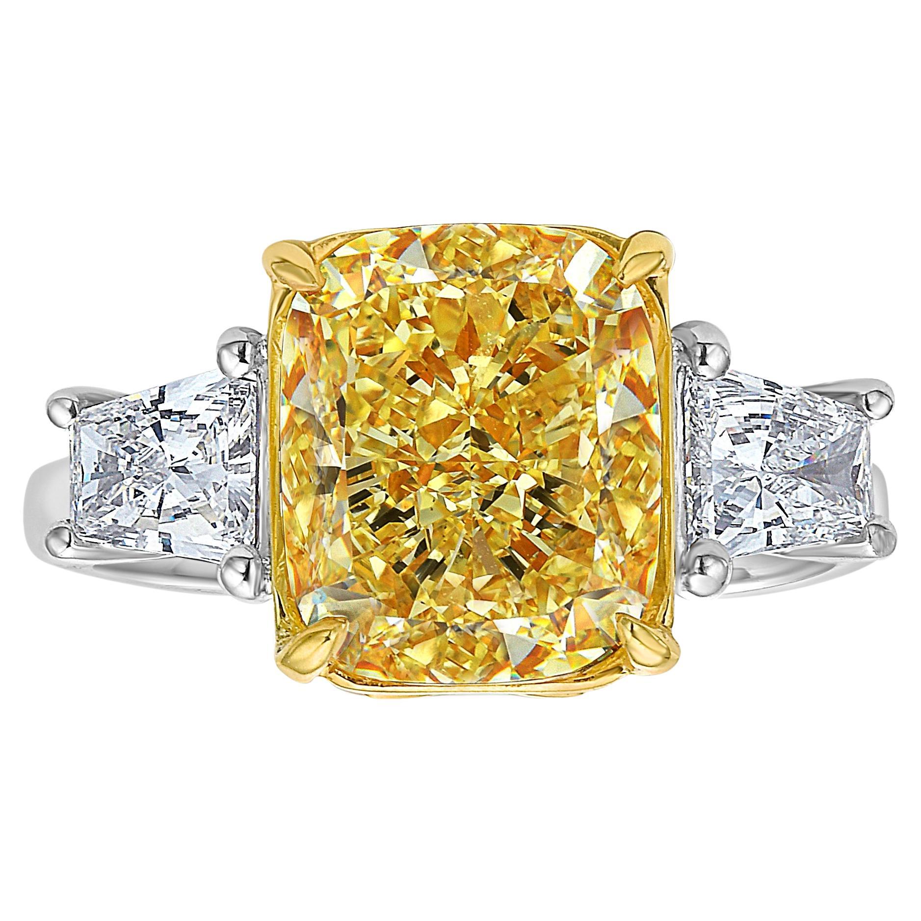 5ct Fancy Yellow Cushion Diamond Three Stone Ring For Sale