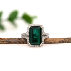 5ct Indicolite Ring w Earth Mined Diamonds in Solid 14K White Gold EM 13x8mm
