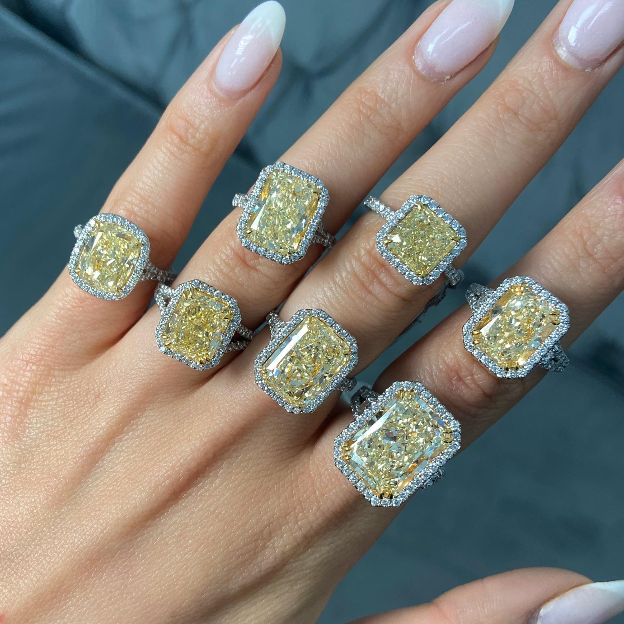 Rare Colors - 5ct Yellow Elongated Radiant Cut Diamond Halo Engagement Ring For Sale 1