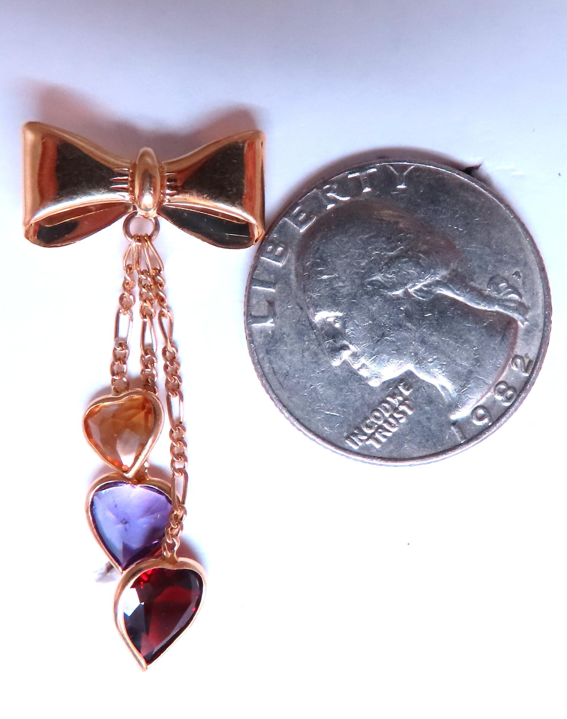 pendientes colgantes con lazo vintage 
natural: amatista, talla corazón
             granate, talla corazón
             citrino, talla corazón 
total 5cts claridad limpia y transparente
1,5 pulgadas de largo 0,70 pulgadas de ancho 
Oro de 14