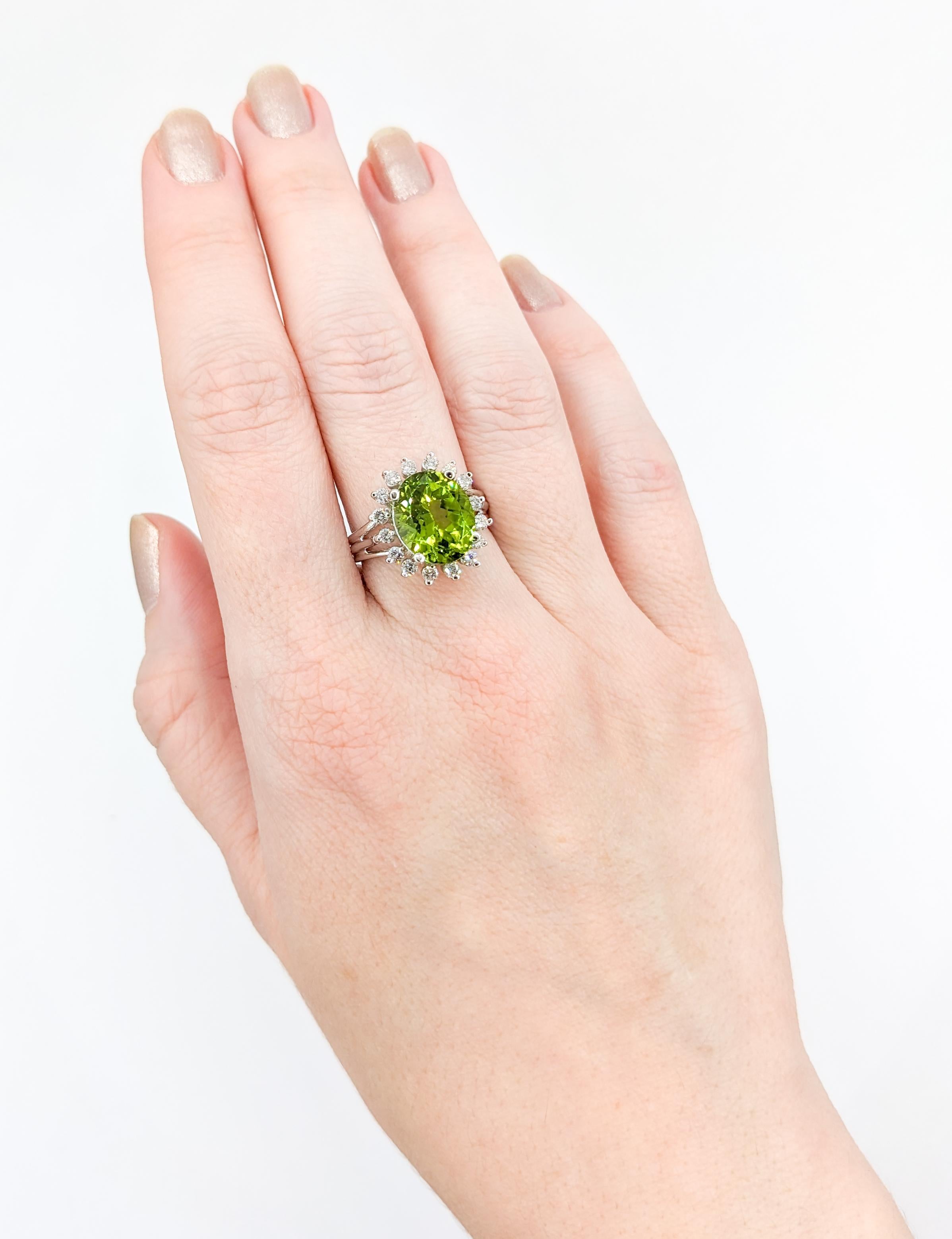 Green Apple 5ct Peridot & Diamond Halo Cocktail Ring

Discover our dazzling ring, a masterful creation meticulously fashioned from 14k white gold, offering a splendid juxtaposition of classic elegance and vibrant charm. Featuring .55ctw of round