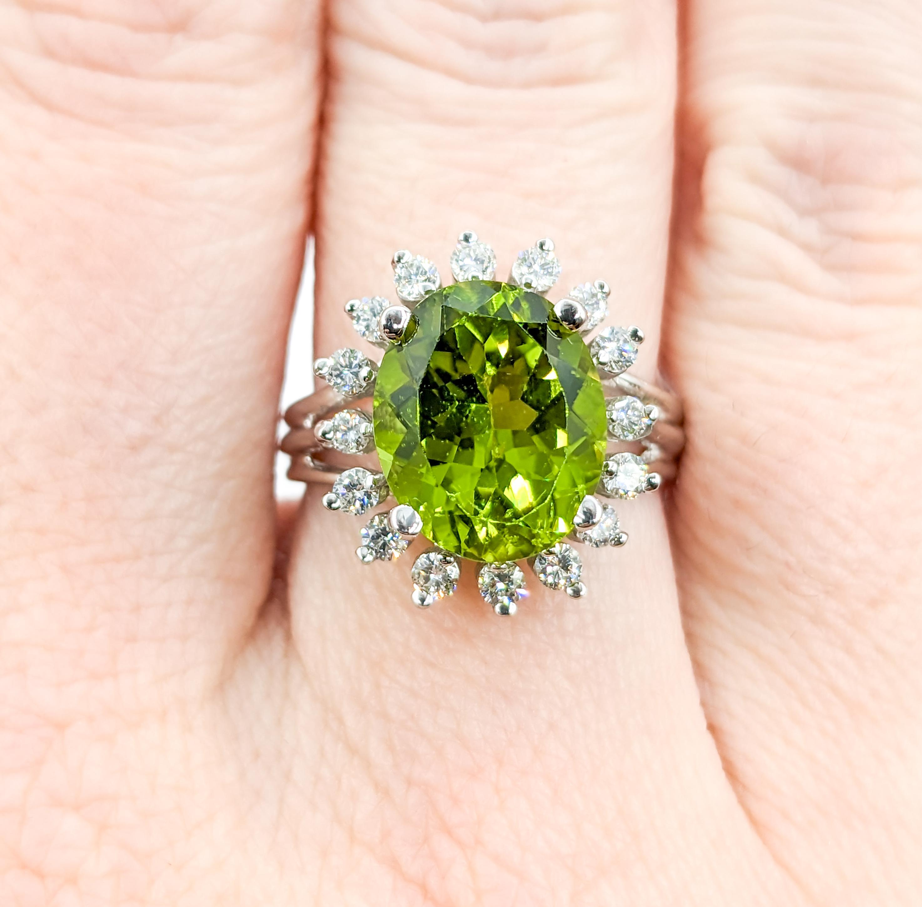 Oval Cut 5ct Peridot & Diamond Halo Cocktail Ring For Sale