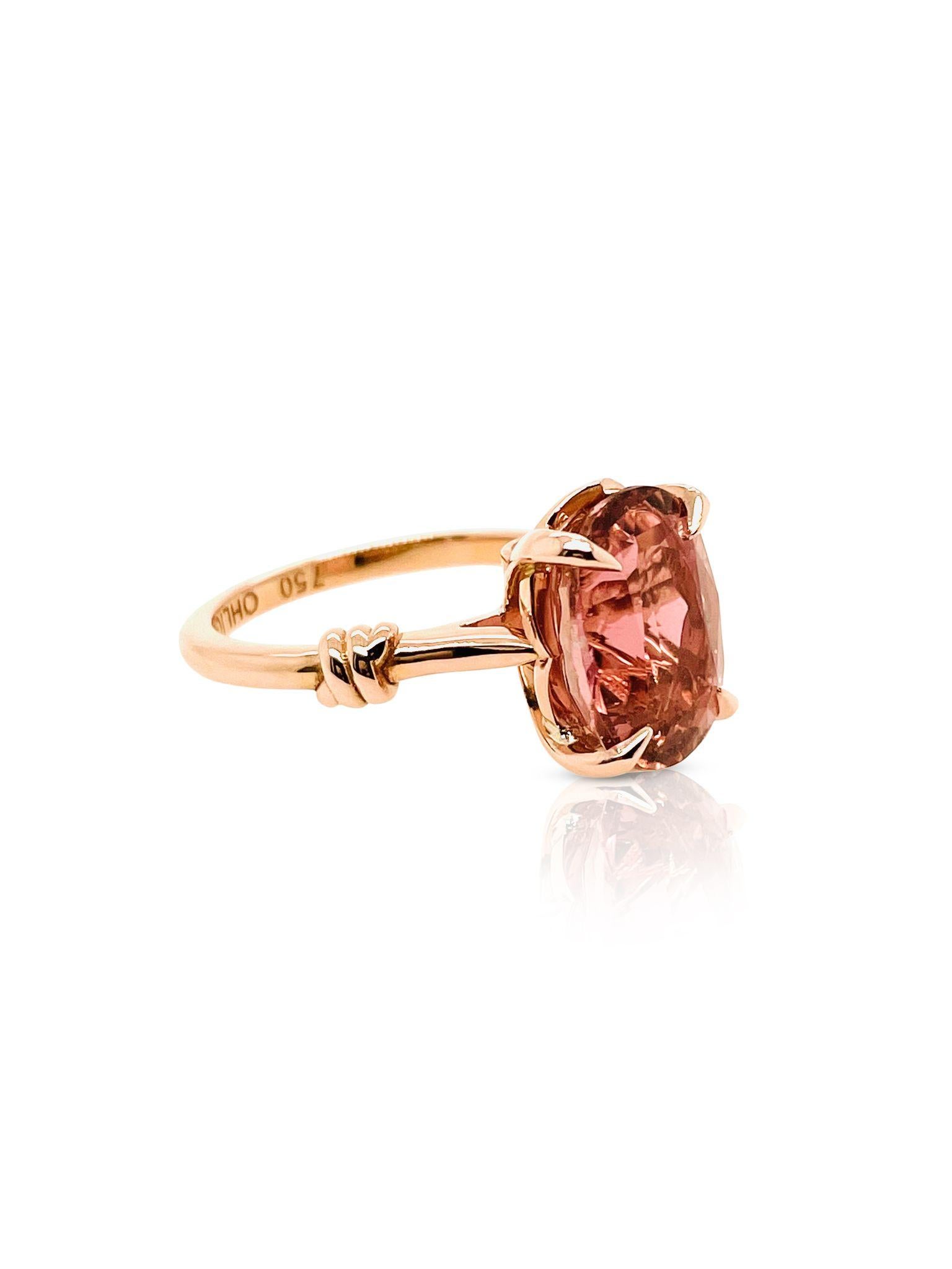 5ct oval cut Forget Me Knot Ring in 18ct Rose gold

Oval Cut

Pink Tourmaline natural gemstone

Round Brilliant cut diamonds FSI set either side of the setting

Made to order * Customizable in your size 
Available in 18ct rose, white and yellow