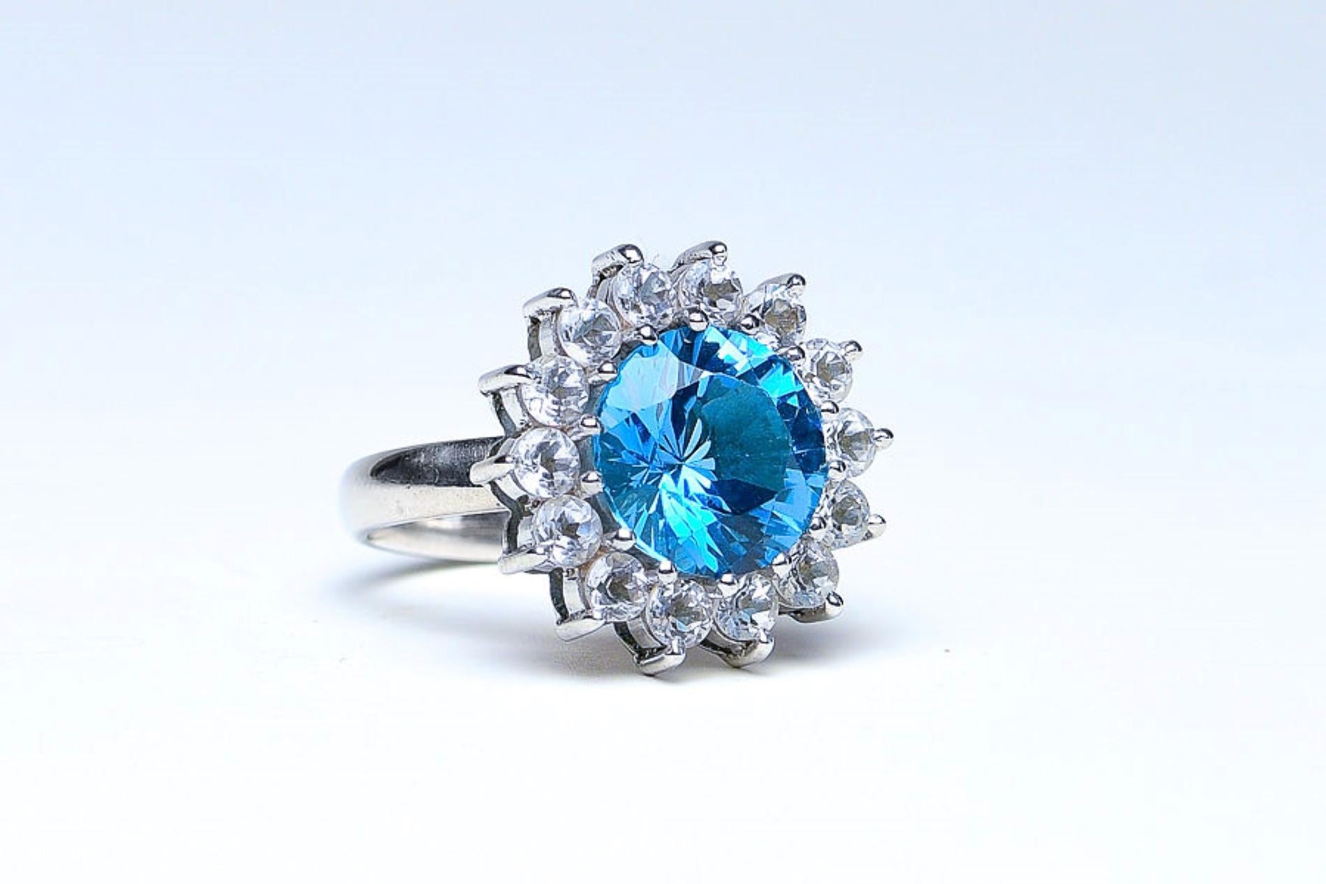 Round Cut NO RESERVE 5ct Round BLUE TOPAZ Platinum SILVER Cocktail Ring  For Sale