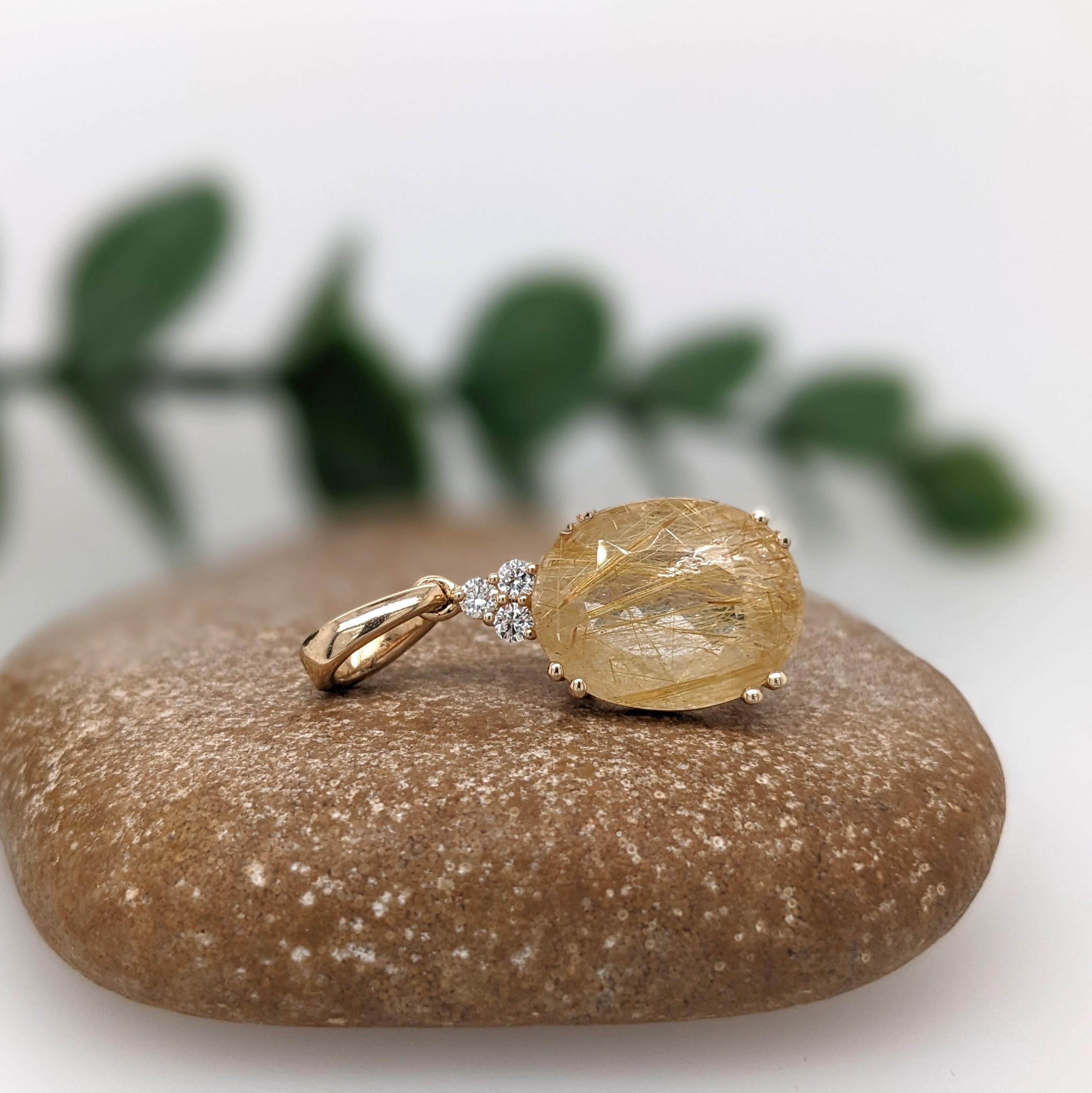 Moderne Pendentif 5ct Quartz Rutilé avec Diamants Mineurs en or massif 14K Oval 13x10 en vente