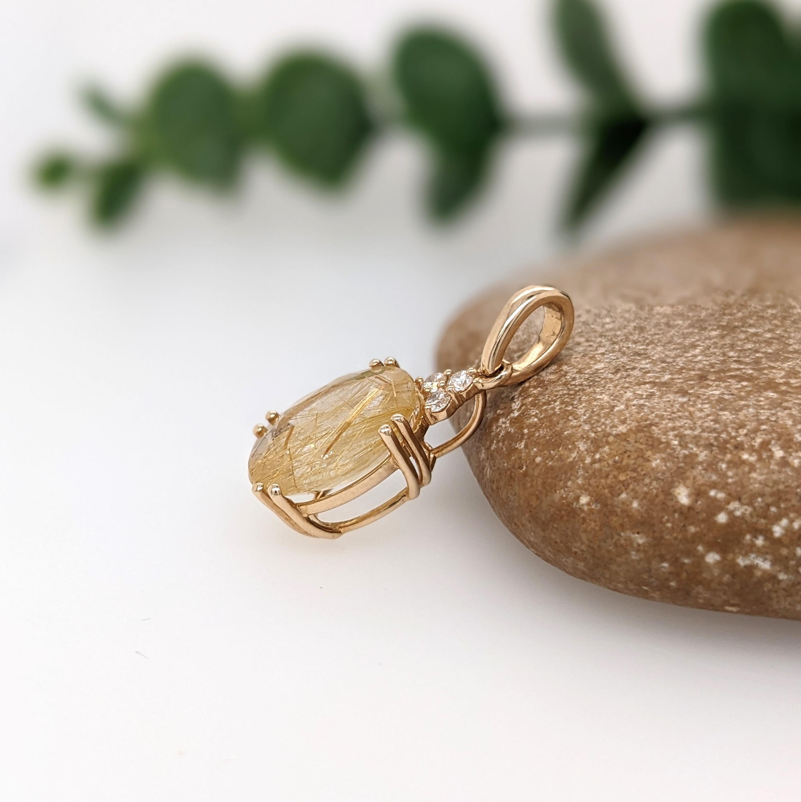 Taille ovale Pendentif 5ct Quartz Rutilé avec Diamants Mineurs en or massif 14K Oval 13x10 en vente