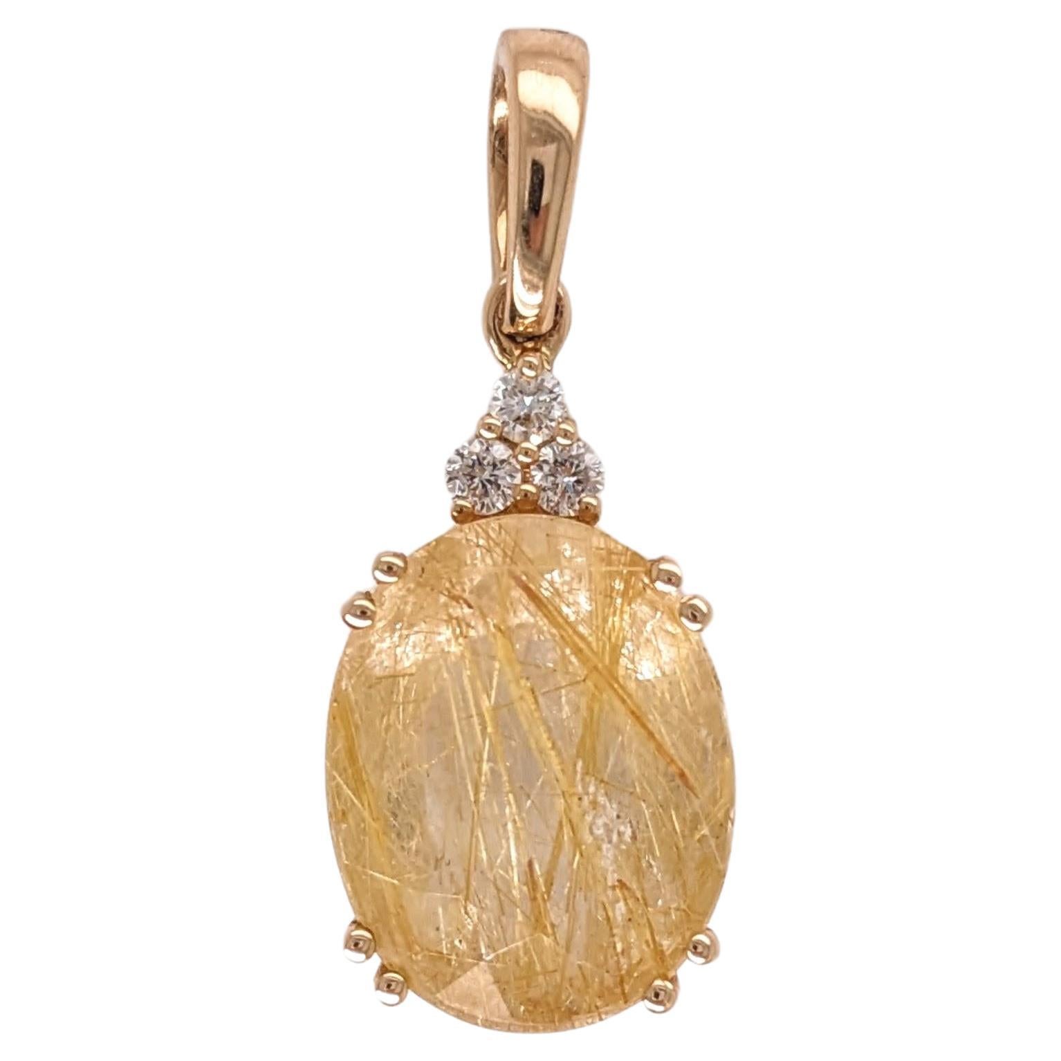 Pendentif 5ct Quartz Rutilé avec Diamants Mineurs en or massif 14K Oval 13x10