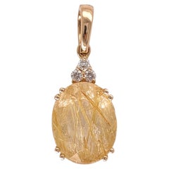 5ct Rutilated Quartz Pendant w Earth Mined Diamonds in Solid 14K Gold Oval 13x10