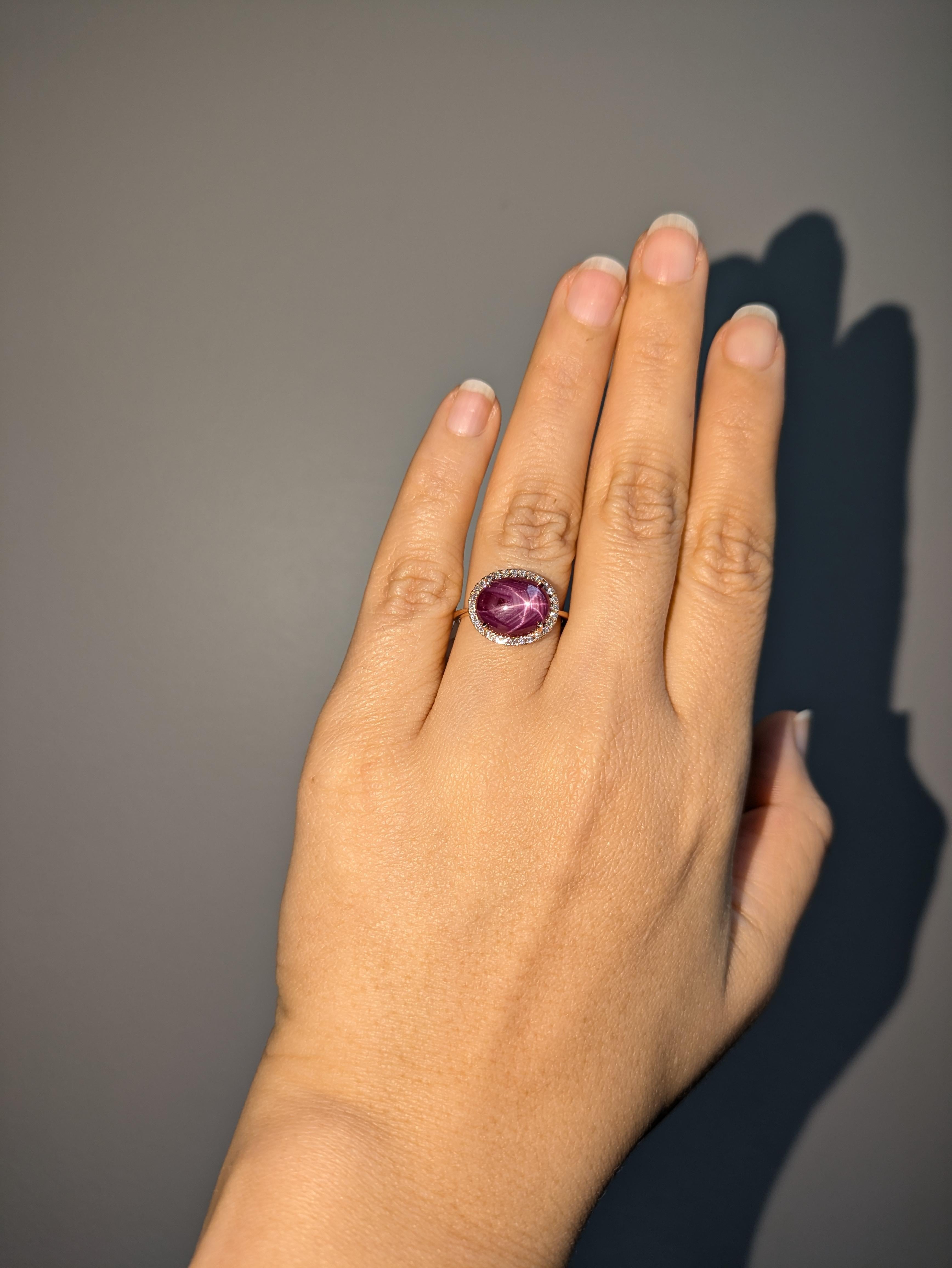 Art Deco 5ct Star Ruby Ring w Natural Diamond Halo in Solid 14K Yellow Gold  OV 12x9mm For Sale
