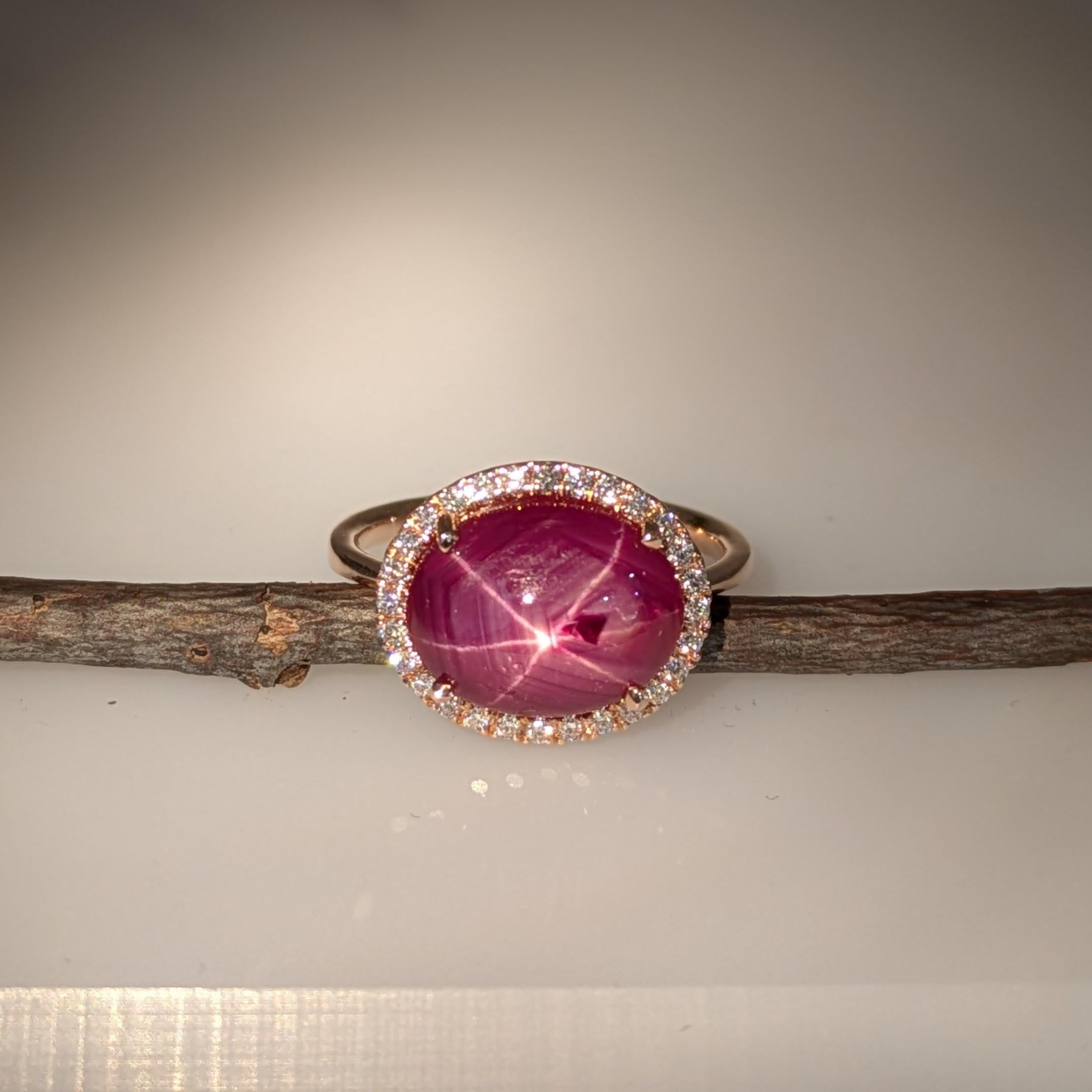 Women's 5ct Star Ruby Ring w Natural Diamond Halo in Solid 14K Yellow Gold  OV 12x9mm For Sale