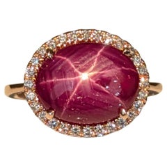 5ct Star Ruby Ring w Natural Diamond Halo in Solid 14K Yellow Gold  OV 12x9mm