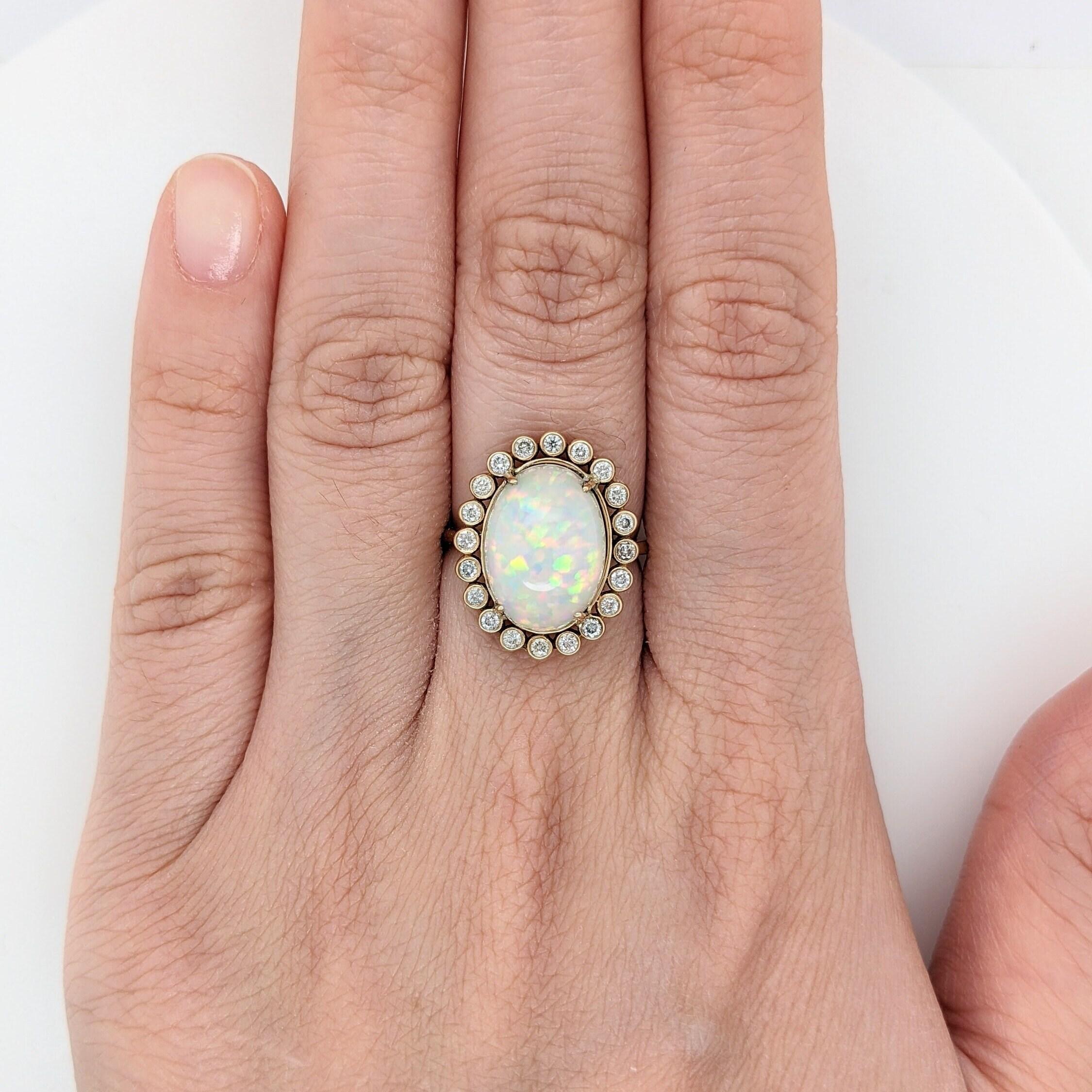 Art Deco 5ct Stunning Opal Ring w Natural Diamond Accents in 14k Yellow Gold OV 14x10mm For Sale