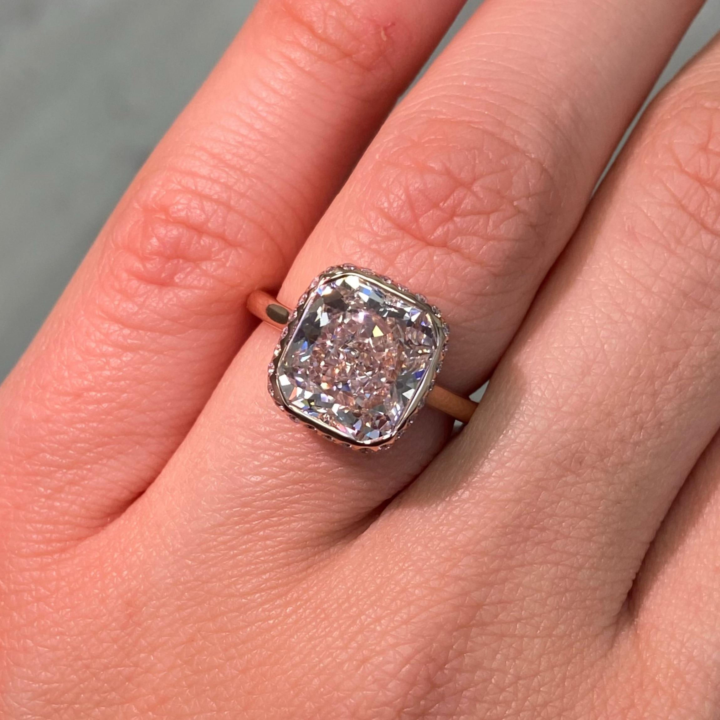 Cushion Cut 5ct Very Light Pink Diamond Bezel Set Statement Ring For Sale