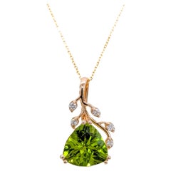 5cts Arizona Peridot Pendant w Natural Diamond Accents in 14K Solid Gold TR 12mm
