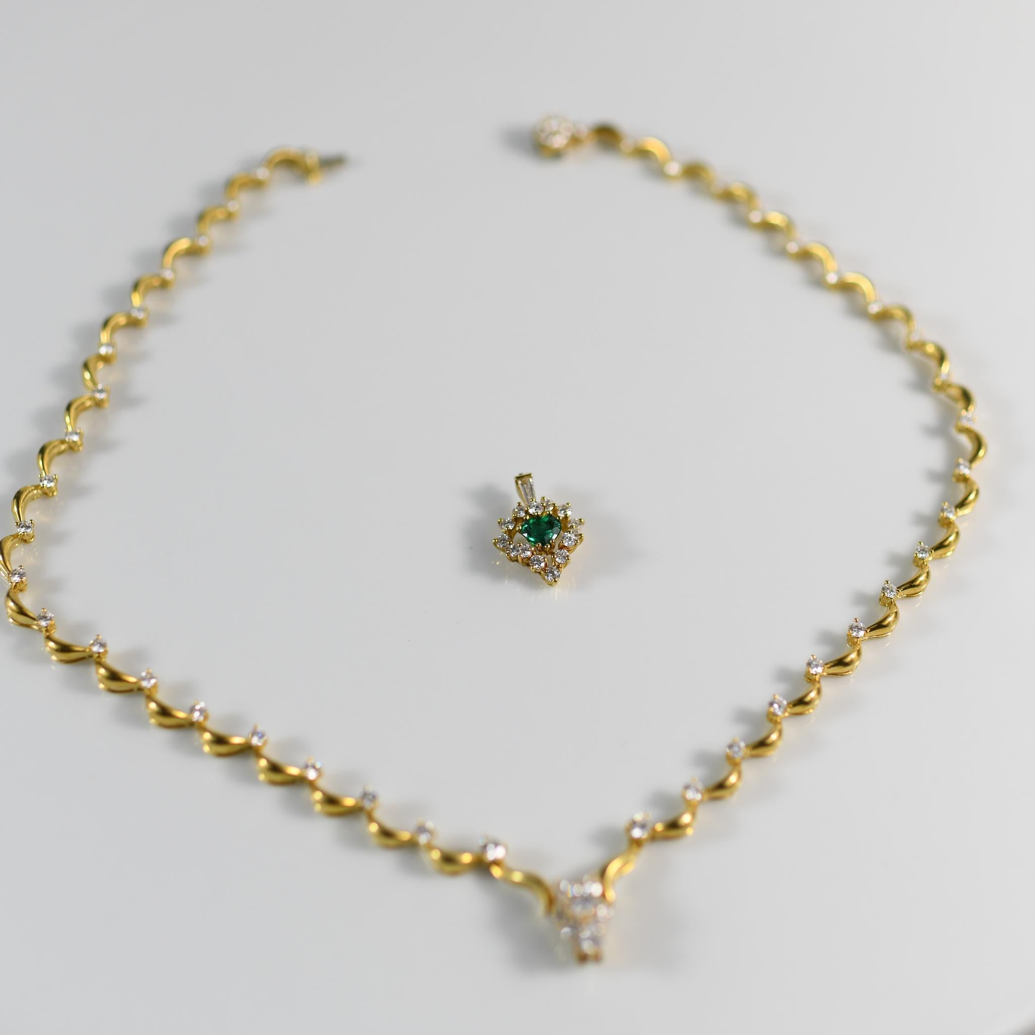 Women's 5ctw Diamond Riviera Necklace w Emerald Heart Enhancer Drop Pendant in 18K Gold For Sale