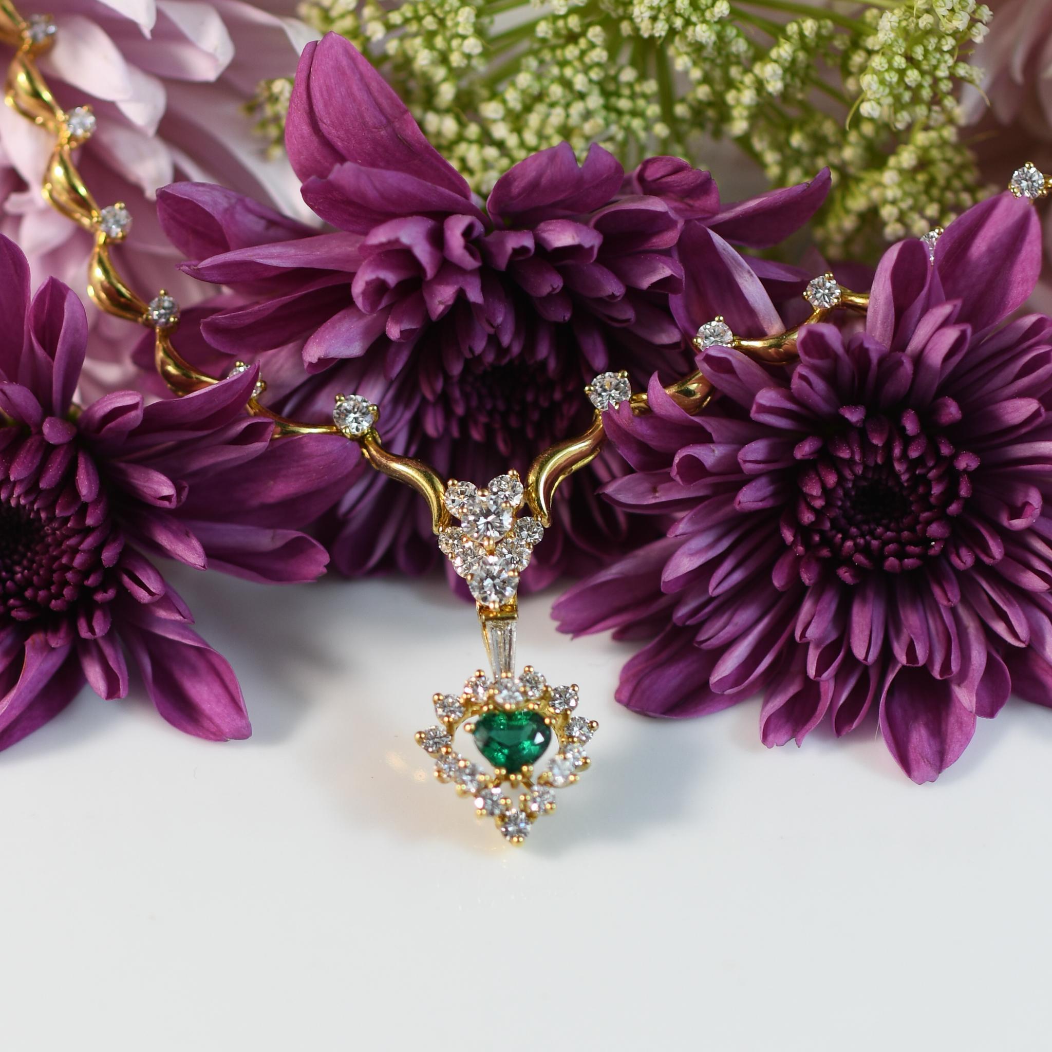 5ctw Diamond Riviera Necklace w Emerald Heart Enhancer Drop Pendant in 18K Gold For Sale 1