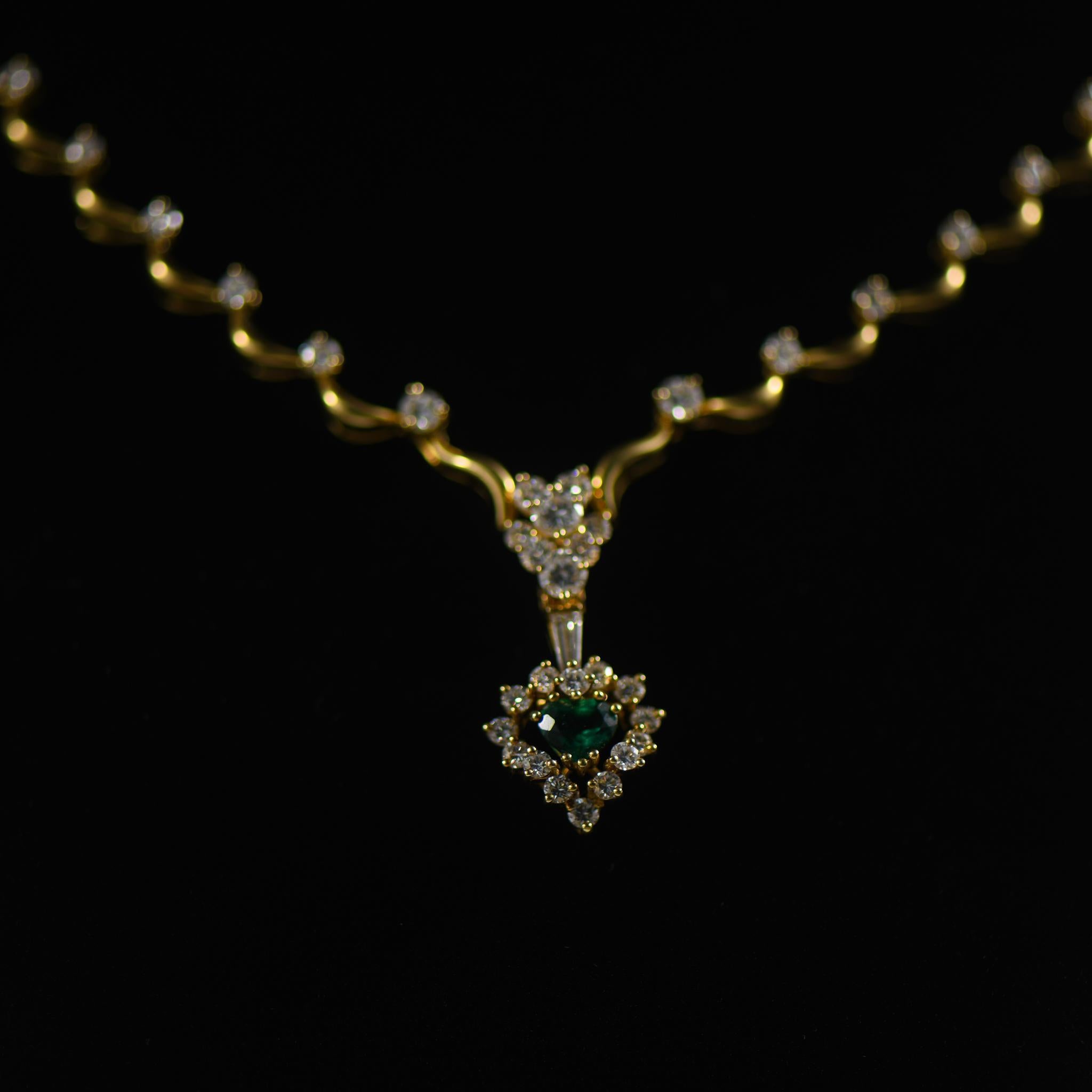 5ctw Diamond Riviera Necklace w Emerald Heart Enhancer Drop Pendant in 18K Gold For Sale 2