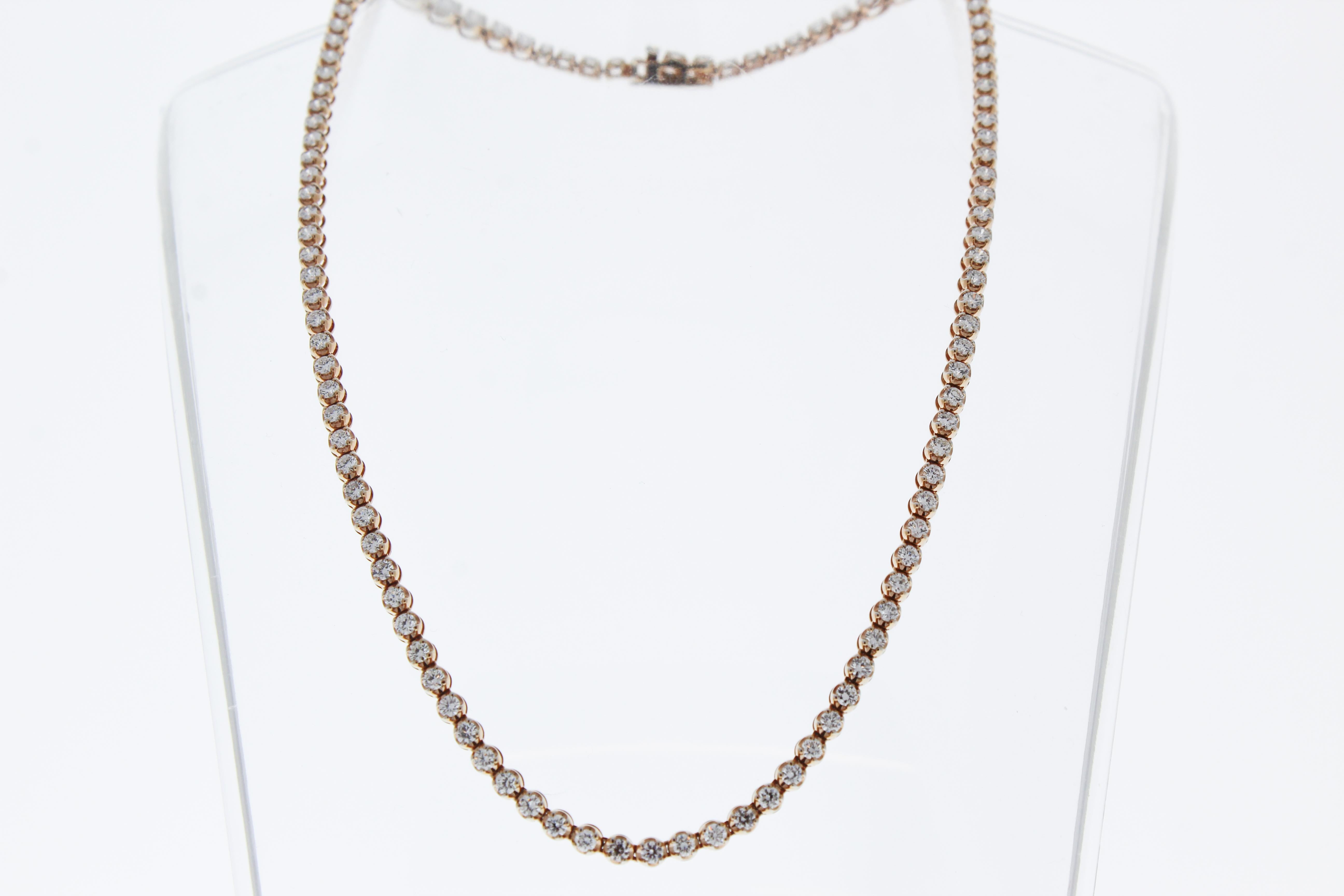 This necklace features 108 round diamonds that total up to 5carats. The necklace is set in 18K Rose Gold and is 7 inches long.
