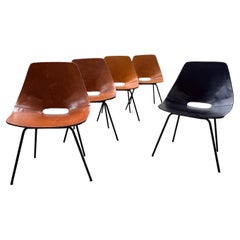 5er Set Pierre Guariche Tonneau / Amsterdam Stühle Leder, Entwurf 1950er