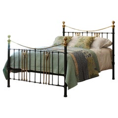 5ft Antique Olive Green Metal Bed with Golden Brass and Floral Ceramics MK330